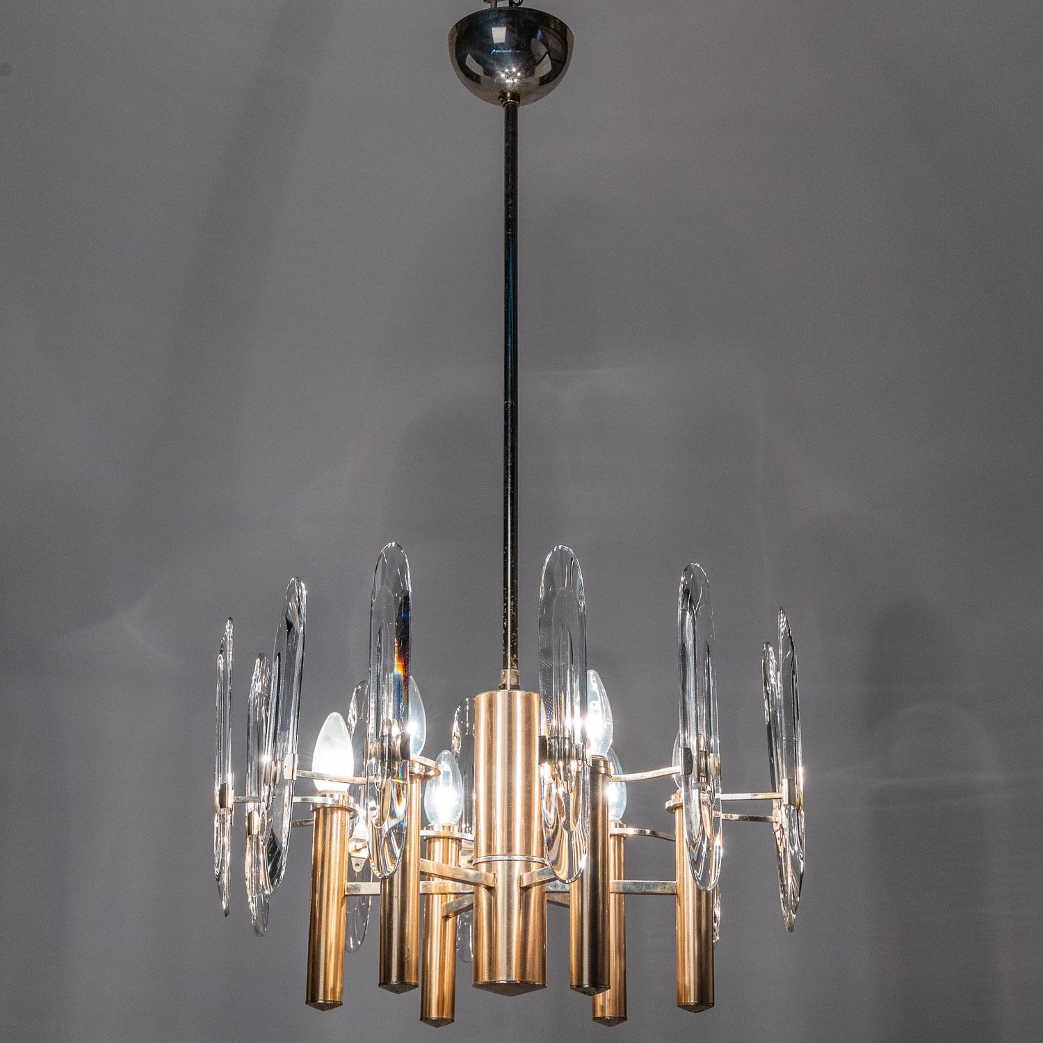 1960's Brass & Crystal Glass Chandelier by Gaetano Sciolari  For Sale 6