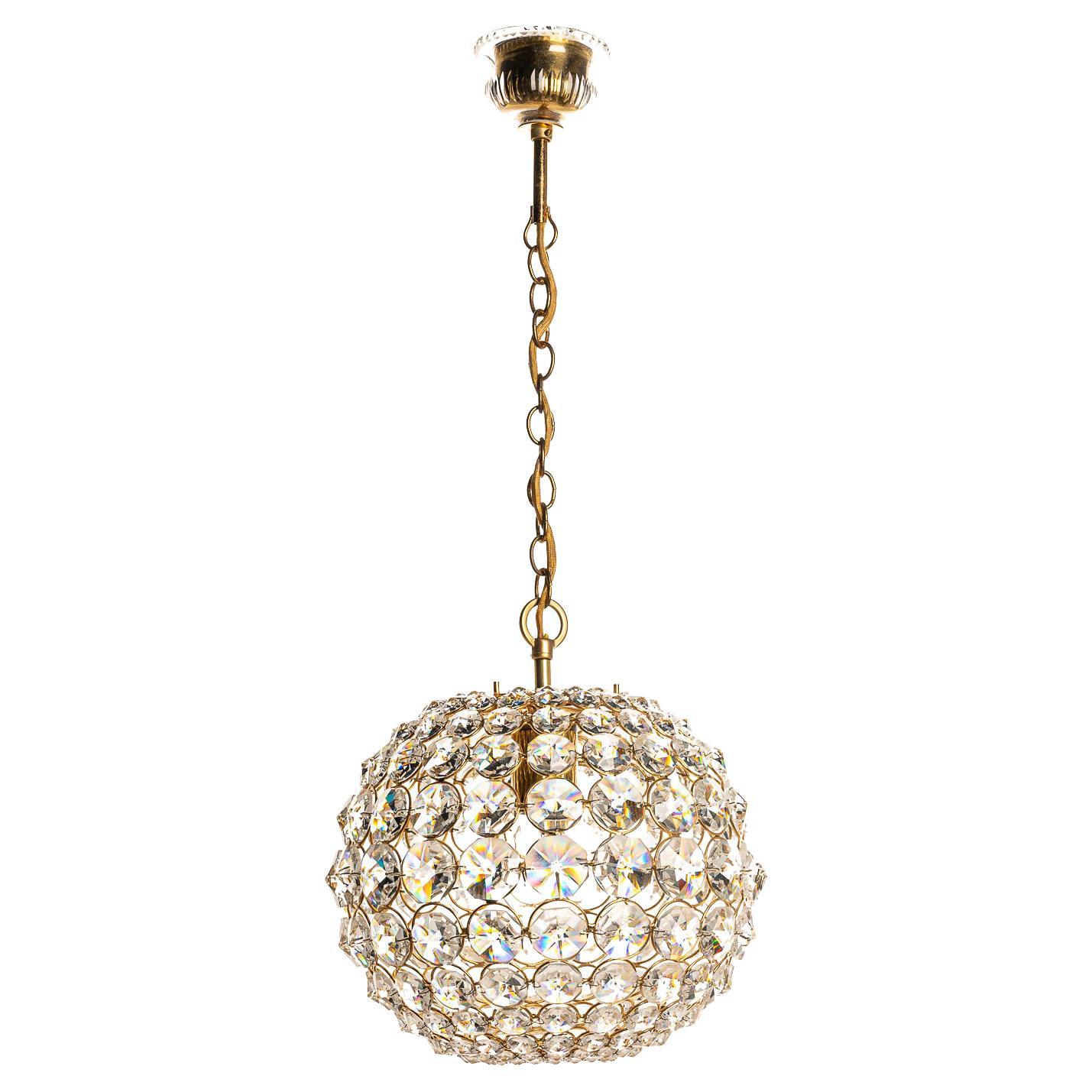 1960's Brass & Crystal Glass Pendant in Style of Palwa For Sale