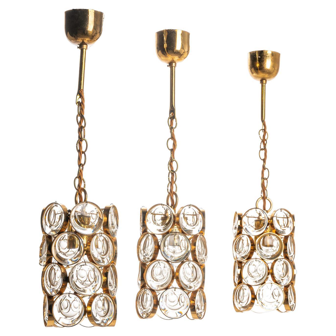 1960's Brass & Crystal Glass Pendant in Style of Palwa For Sale