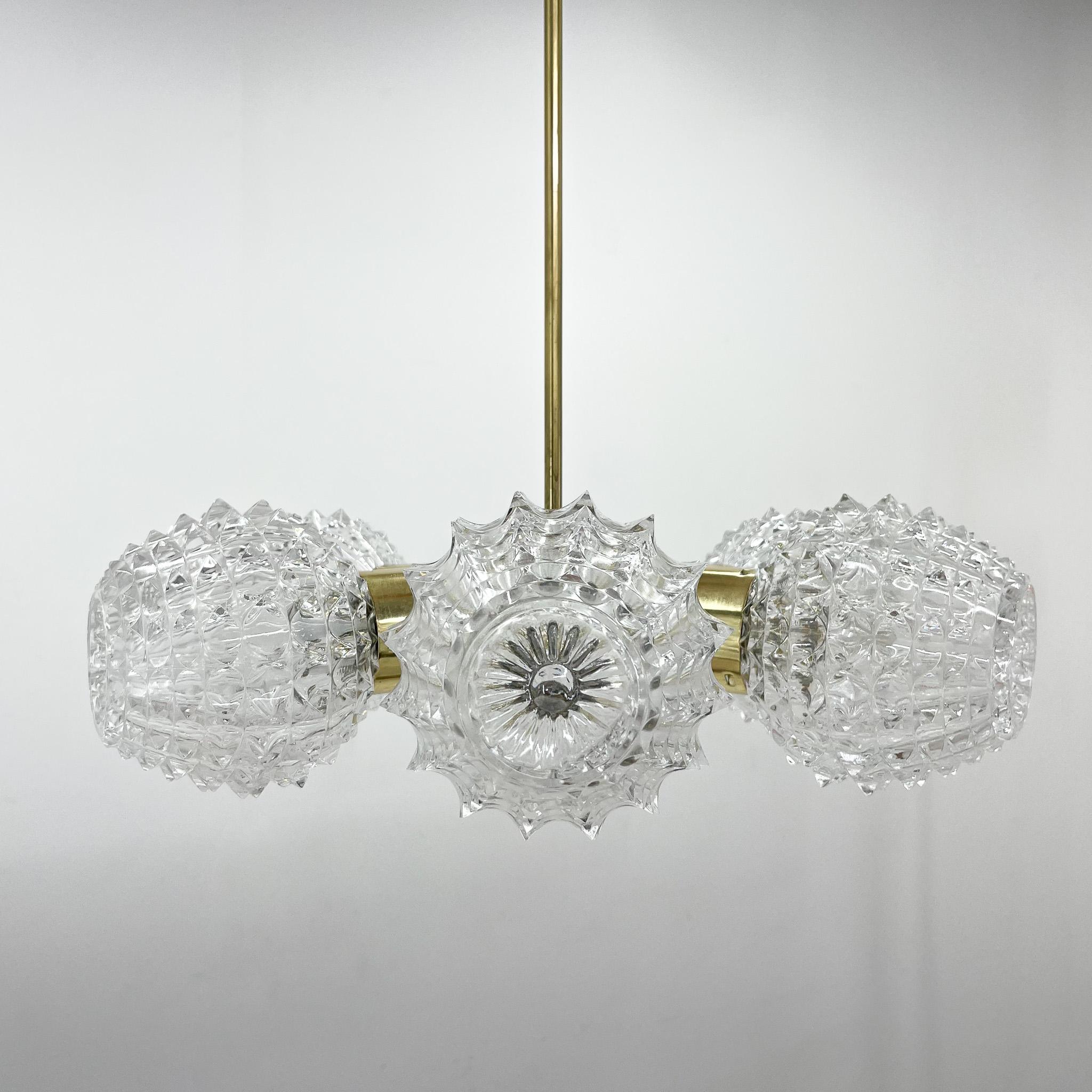 Mid-Century Modern 1960s Brass & Glass Chandelier by Kamenicky Senov, 2 Pieces Available For Sale