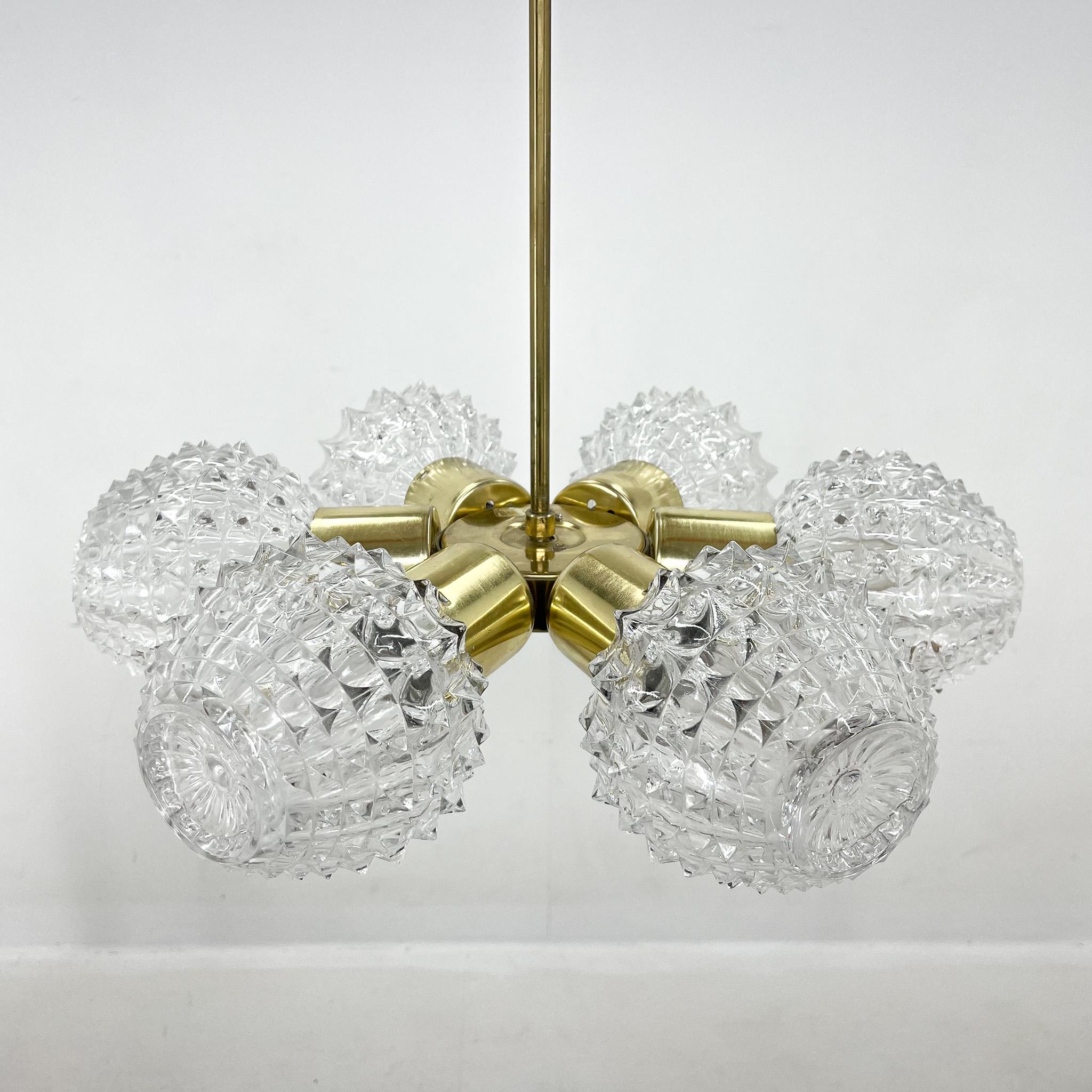 1960s Brass & Glass Chandelier by Kamenicky Senov, 2 Pieces Available In Good Condition For Sale In Praha, CZ