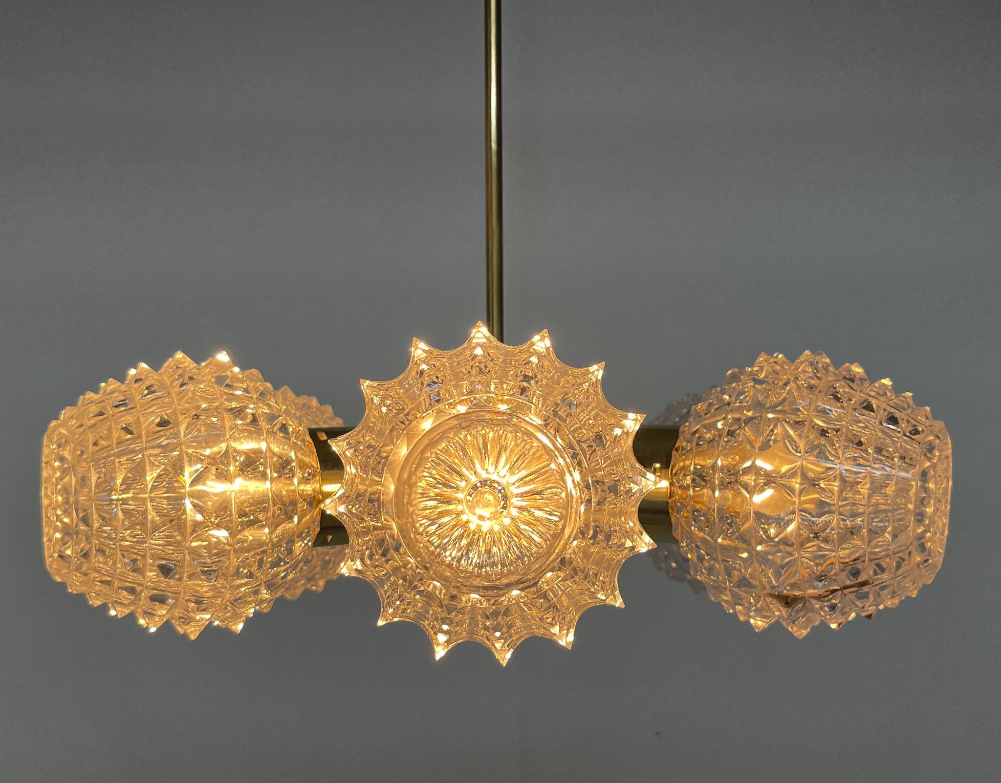 1960s Brass & Glass Chandelier by Kamenicky Senov, 2 Pieces Available For Sale 2