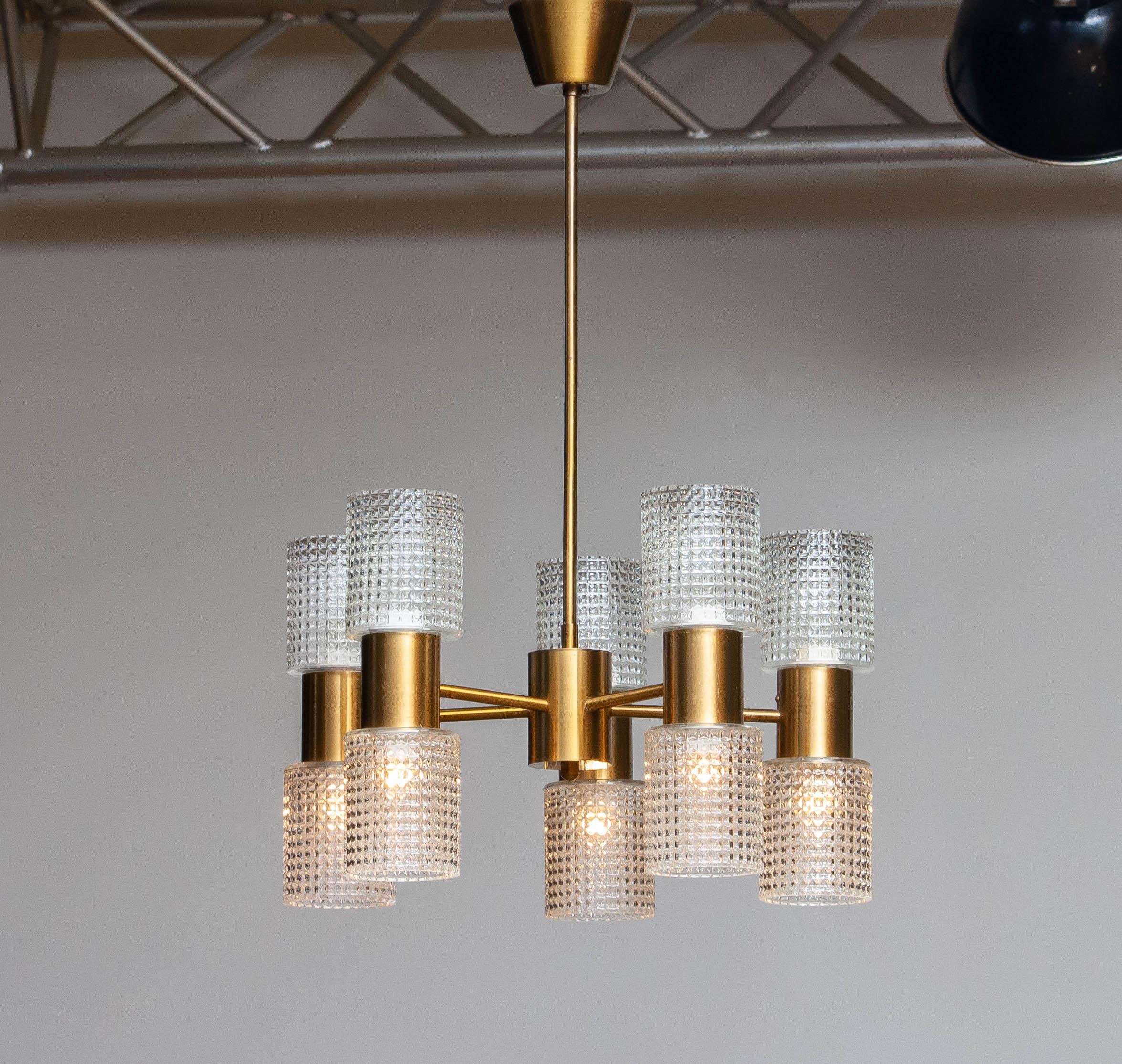 Swedish 1960's Brass Glass Up and Down Light Chandelier by Konsthantverk Tyringe, Sweden