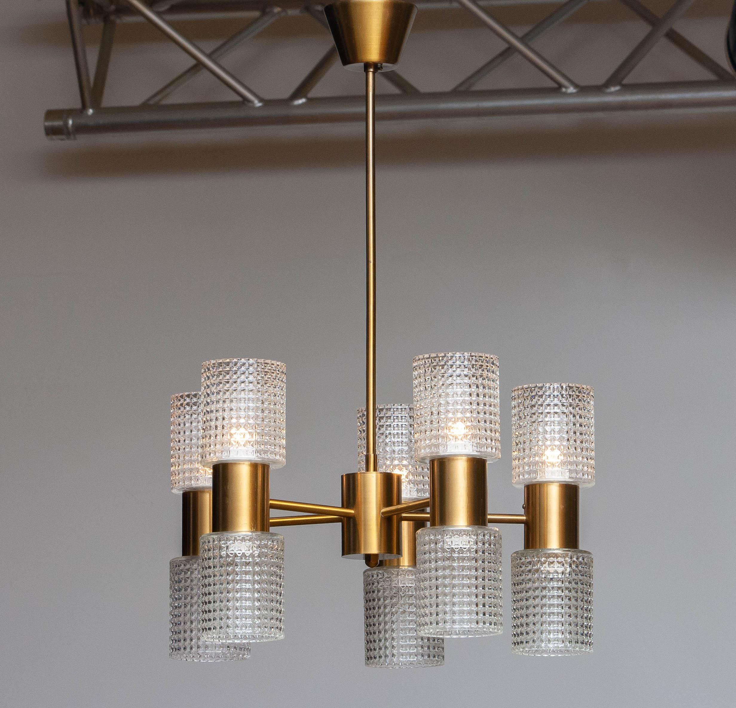 Mid-20th Century 1960's Brass Glass Up and Down Light Chandelier by Konsthantverk Tyringe, Sweden