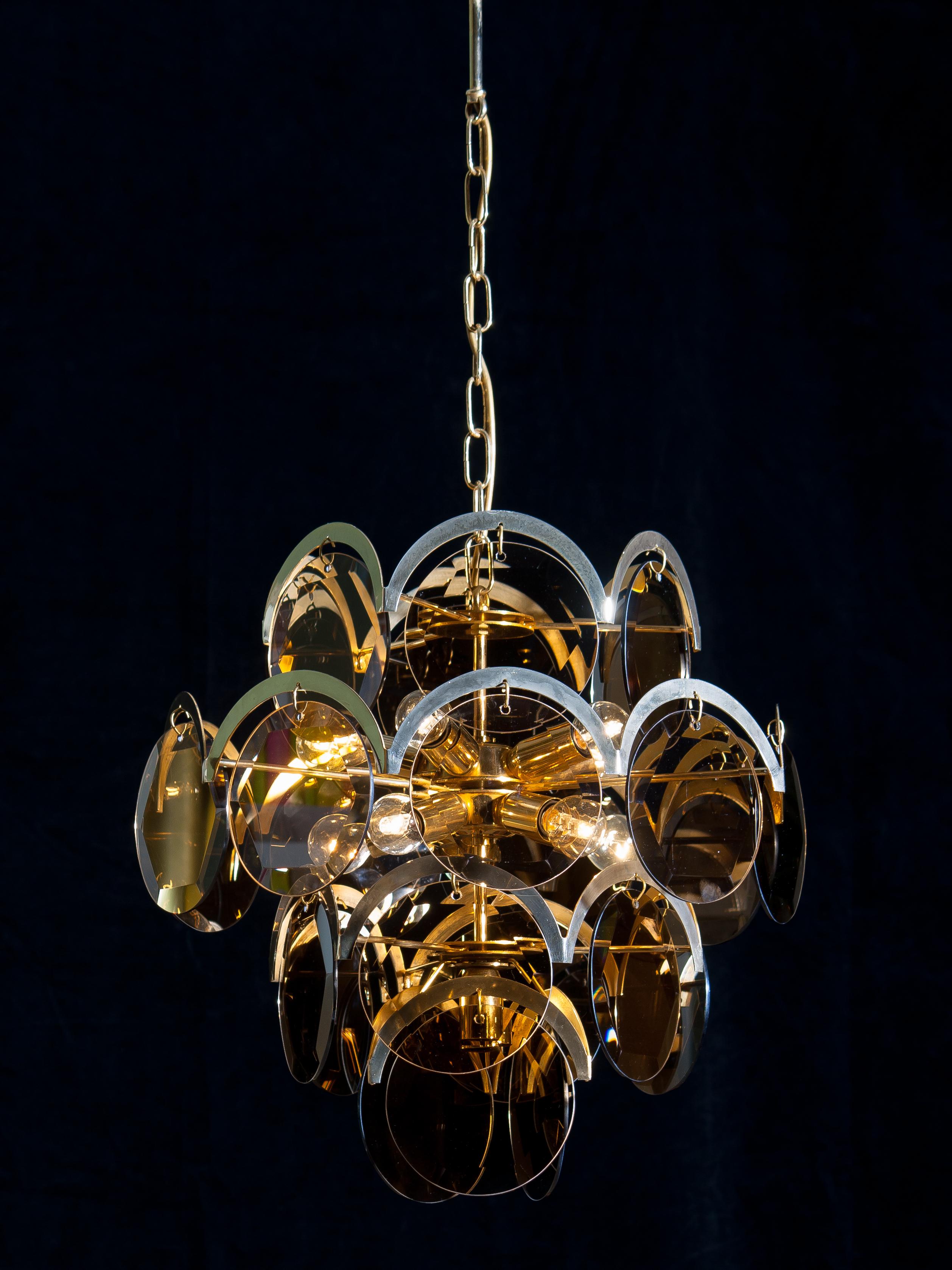 1960s Brass Gold Colored and Smoked Glass Chandelier by Gino Vistosi, Italy 6