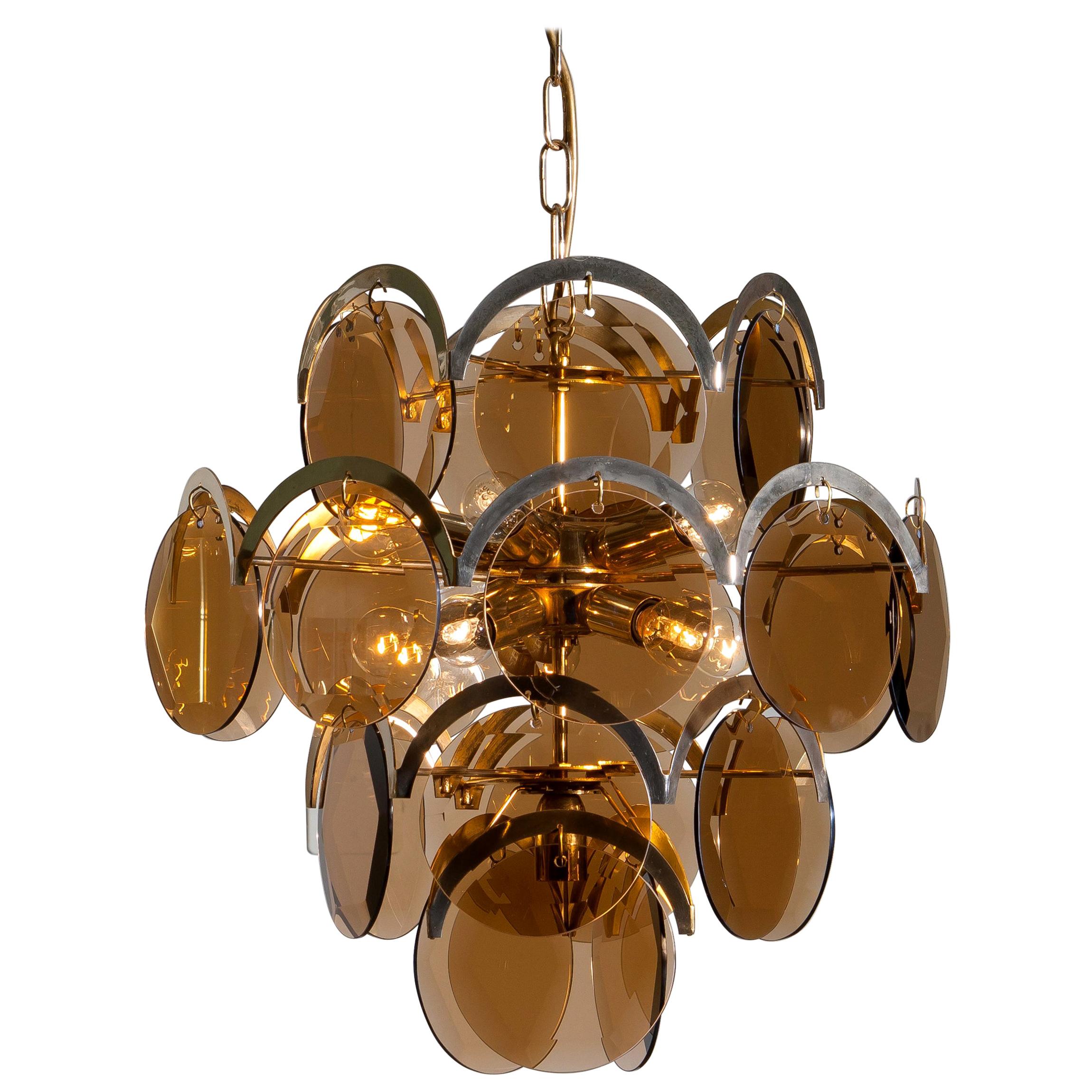 Mid-Century Modern 1960s Brass Gold Colored and Smoked Glass Chandelier by Gino Vistosi, Italy