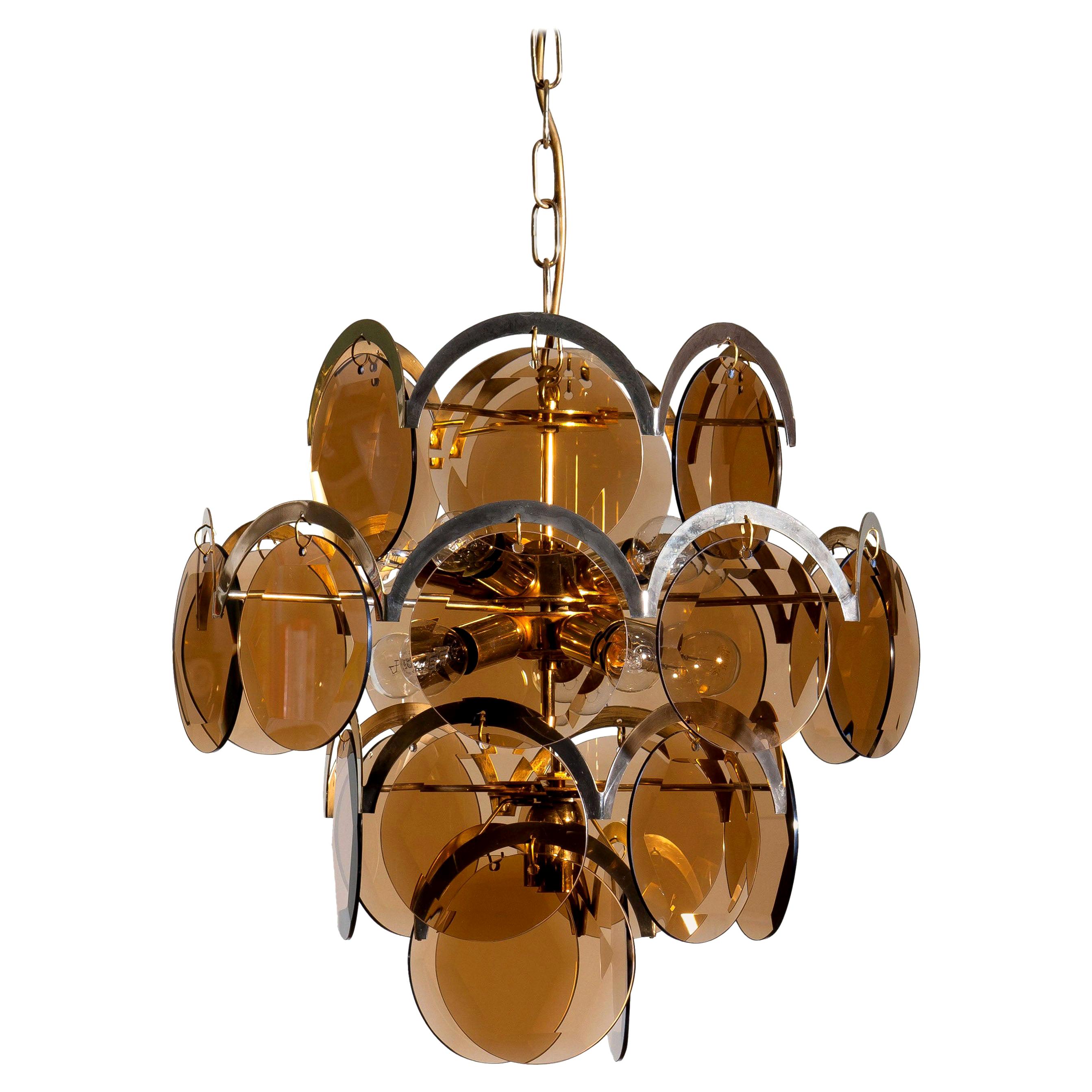 Italian 1960s Brass Gold Colored and Smoked Glass Chandelier by Gino Vistosi, Italy