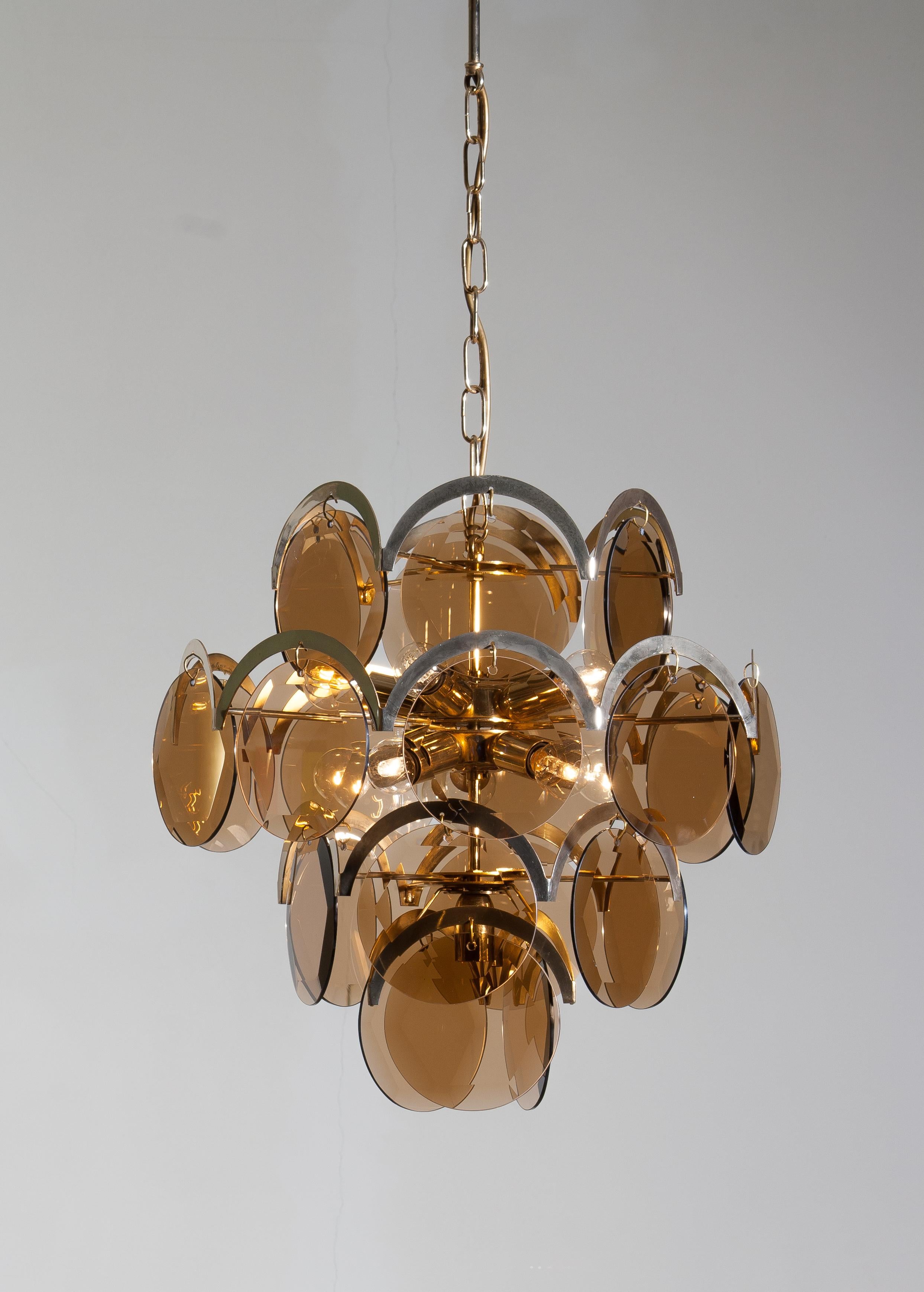 Mid-20th Century 1960s Brass Gold Colored and Smoked Glass Chandelier by Gino Vistosi, Italy