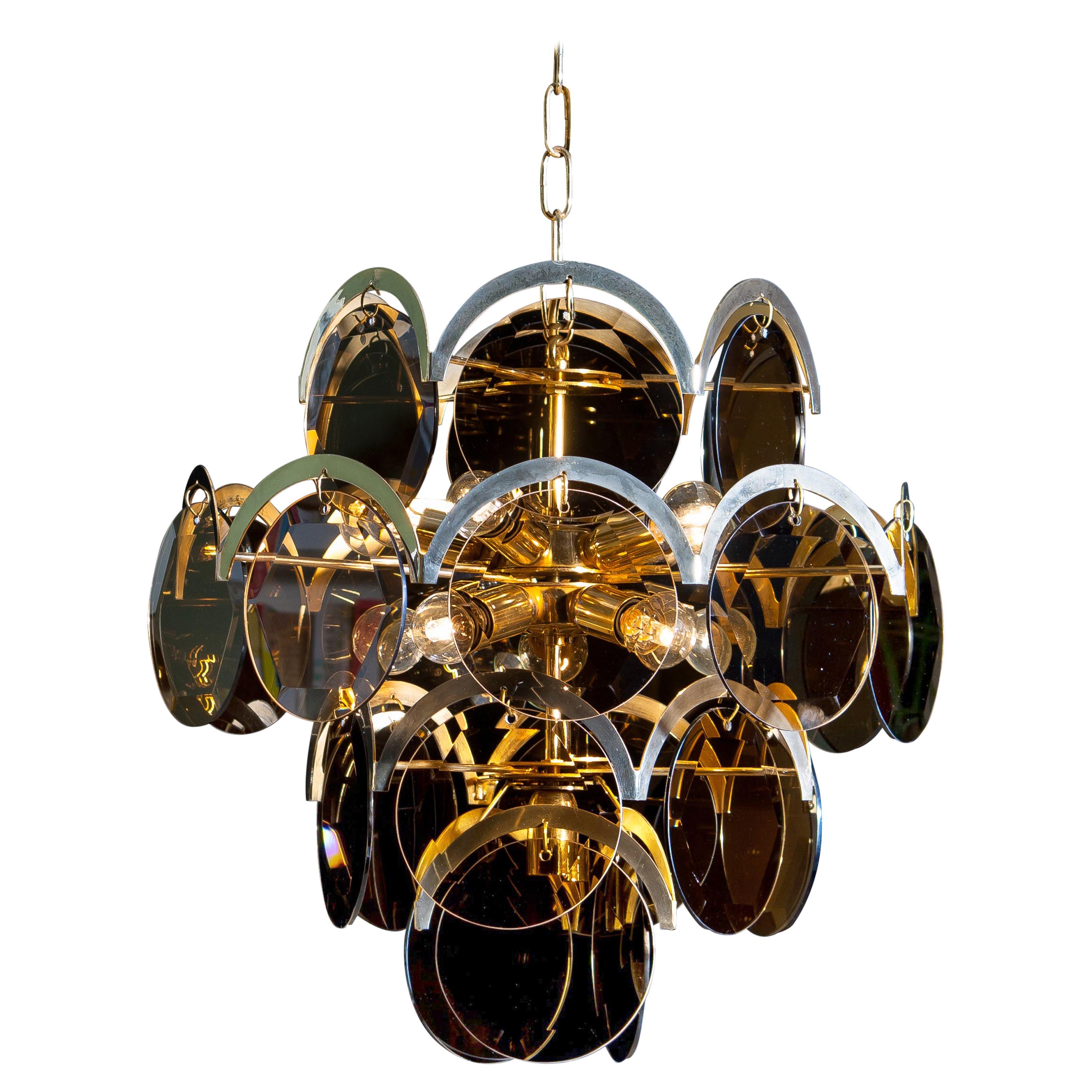 1960s Brass Gold Colored and Smoked Glass Chandelier by Gino Vistosi, Italy 1