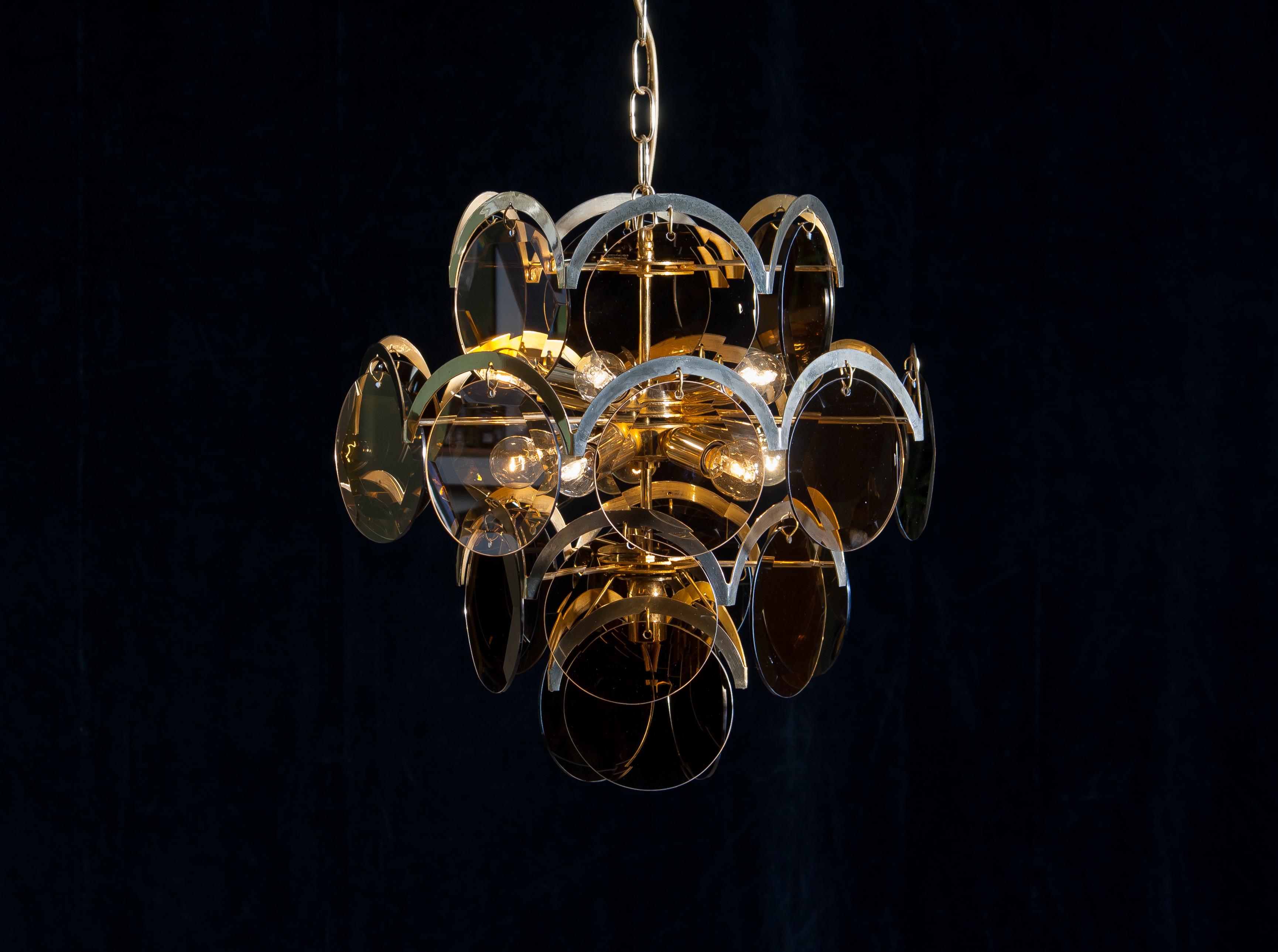 1960s Brass Gold Colored and Smoked Glass Chandelier by Gino Vistosi, Italy 2