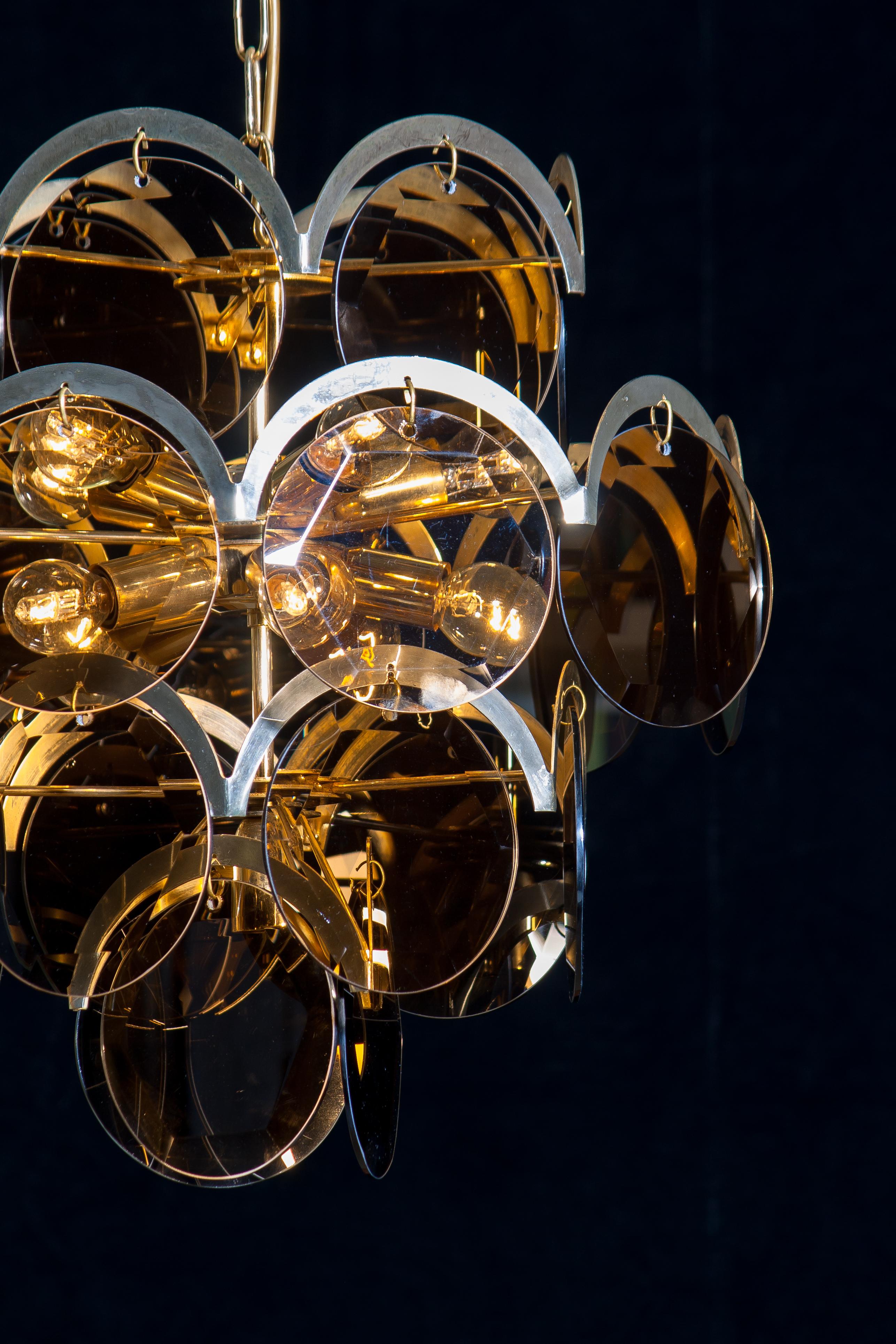 1960s Brass Gold Colored and Smoked Glass Chandelier by Gino Vistosi, Italy 3