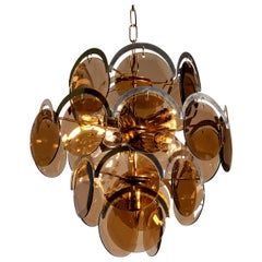 1960s Brass Gold Colored and Smoked Glass Chandelier by Gino Vistosi, Italy