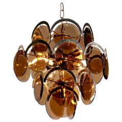 1960s Brass Gold Colored and Smoked Glass Chandelier by Gino Vistosi, Italy