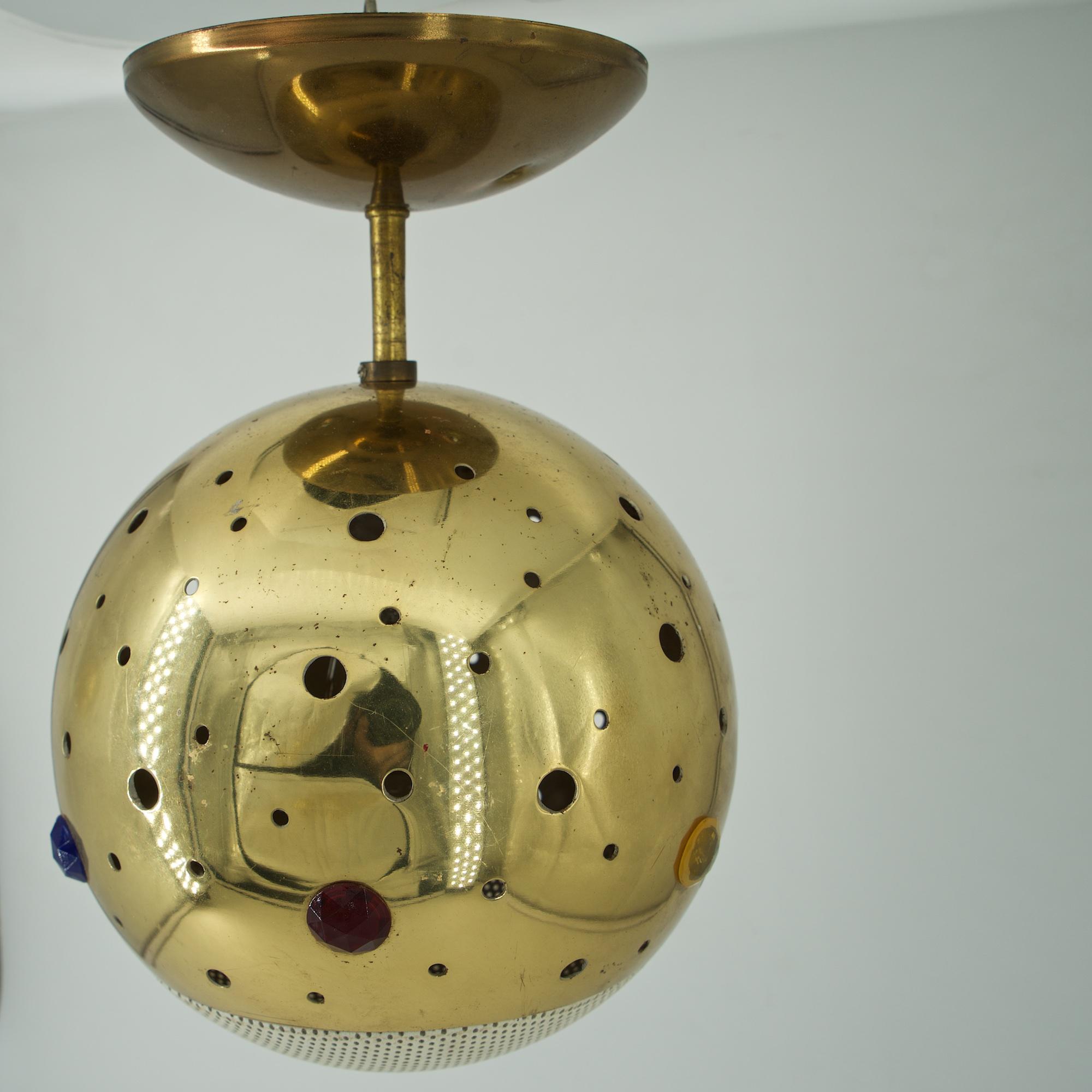 One wonderful small globe pendant night ceiling pendant mood light. Can also be just hung by wire as a pendant light. Porcelain socket inside, all metal and brass construction, except the gems are plastic, the gold gem replaced one of the originals