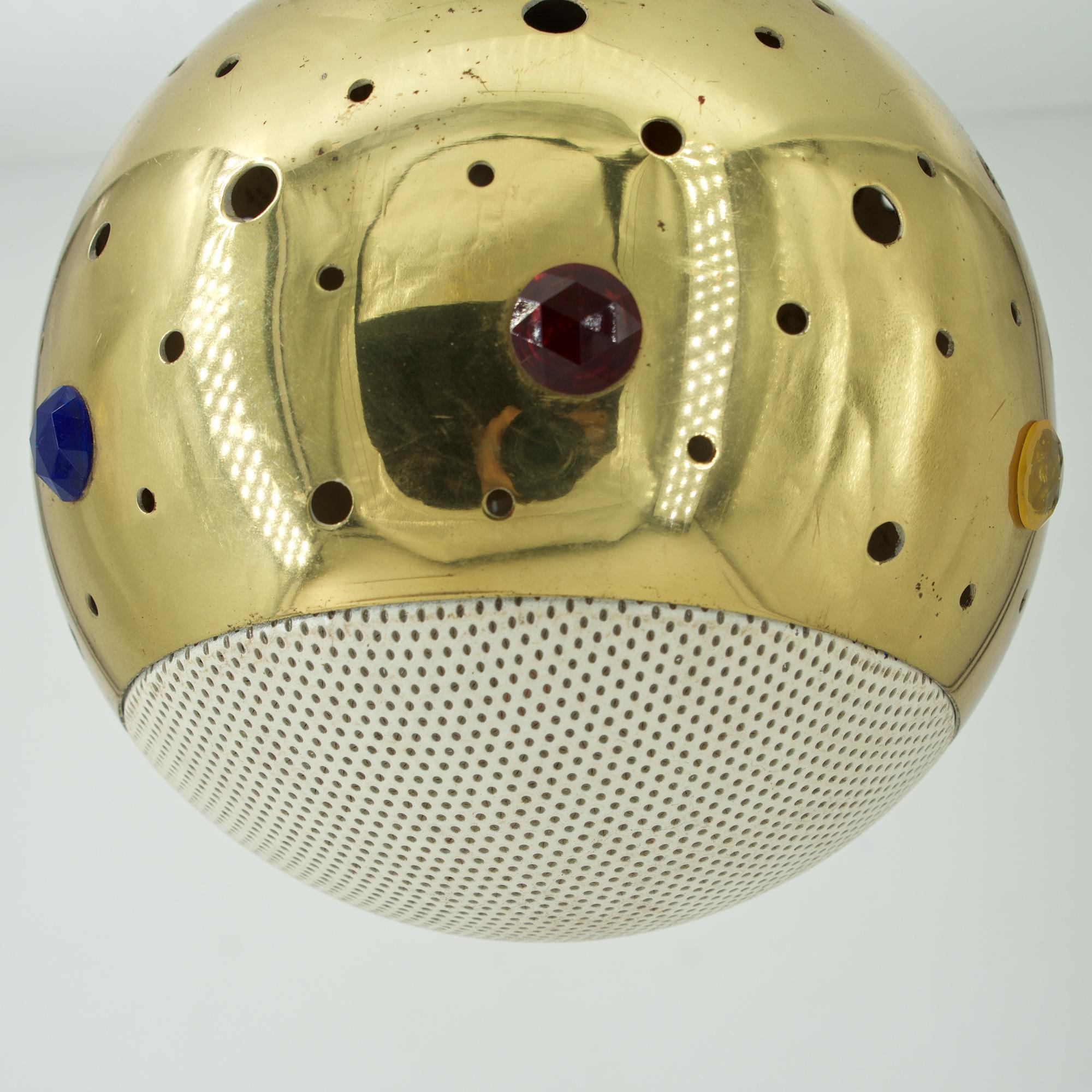 Mid-Century Modern 1960s Brass Jeweled Pendant Lamp Pierced Globe Gem Ceiling Light Interior Design
