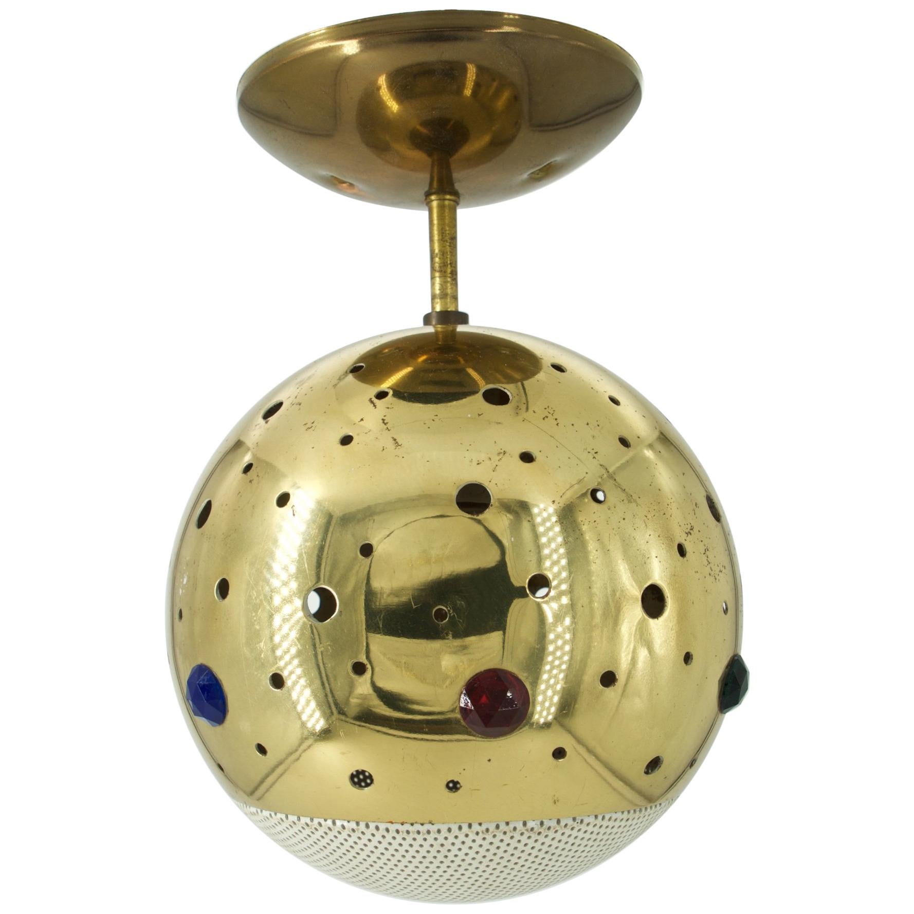 1960s Brass Jeweled Pendant Lamp Pierced Globe Gem Ceiling Light Interior Design