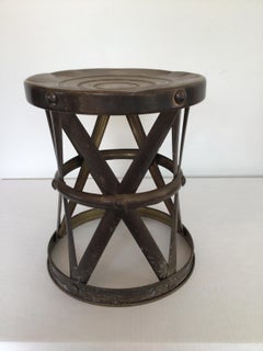 1960s Brass Lattice Hourglass Drum Stool With Embossed Circle Seat