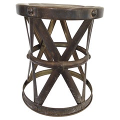 1960s Brass Lattice Hourglass Drum Stool With Embossed Circle Seat