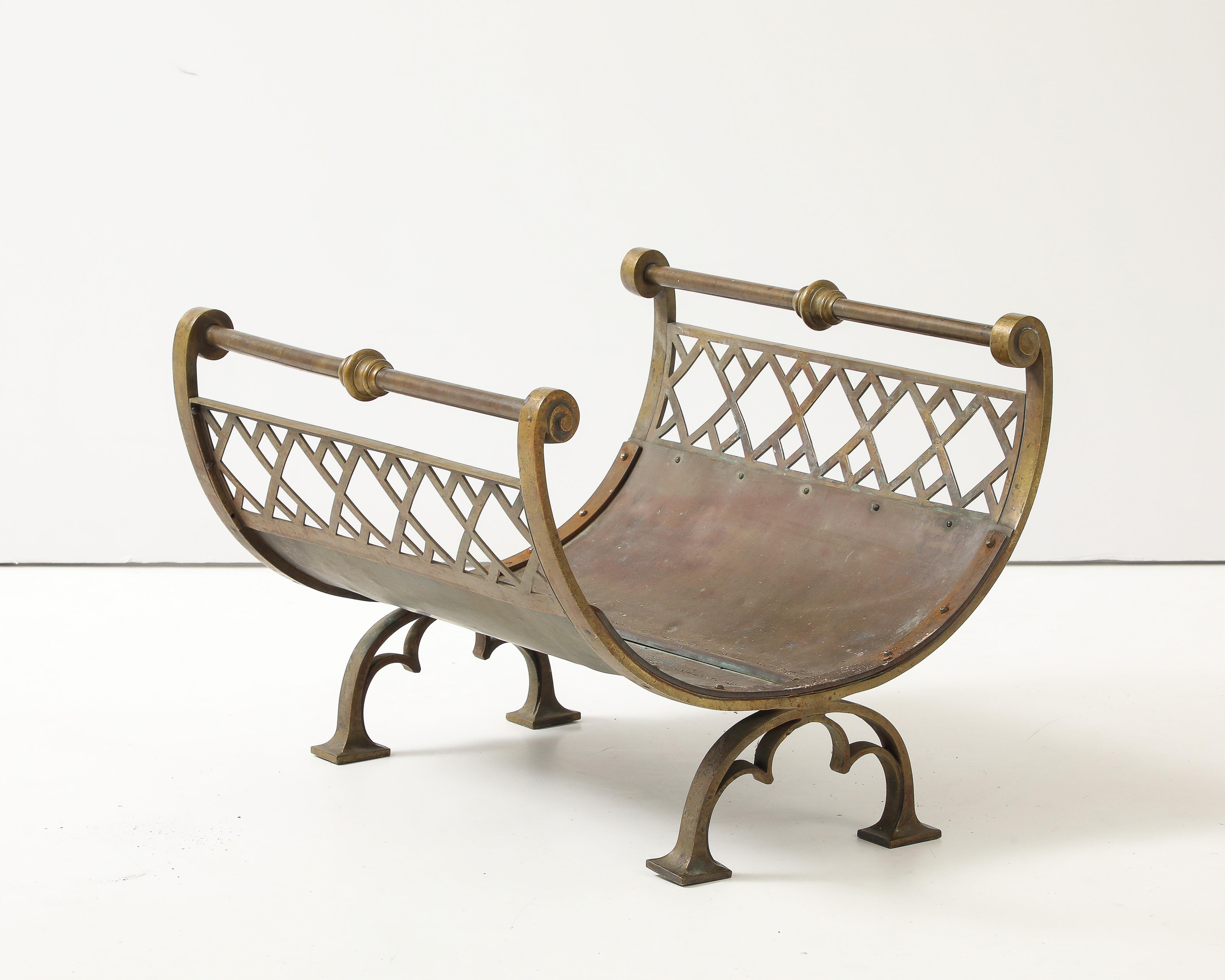 Hollywood Regency 1960's Brass Lattice Lattice Fireplace Log Holder. For Sale