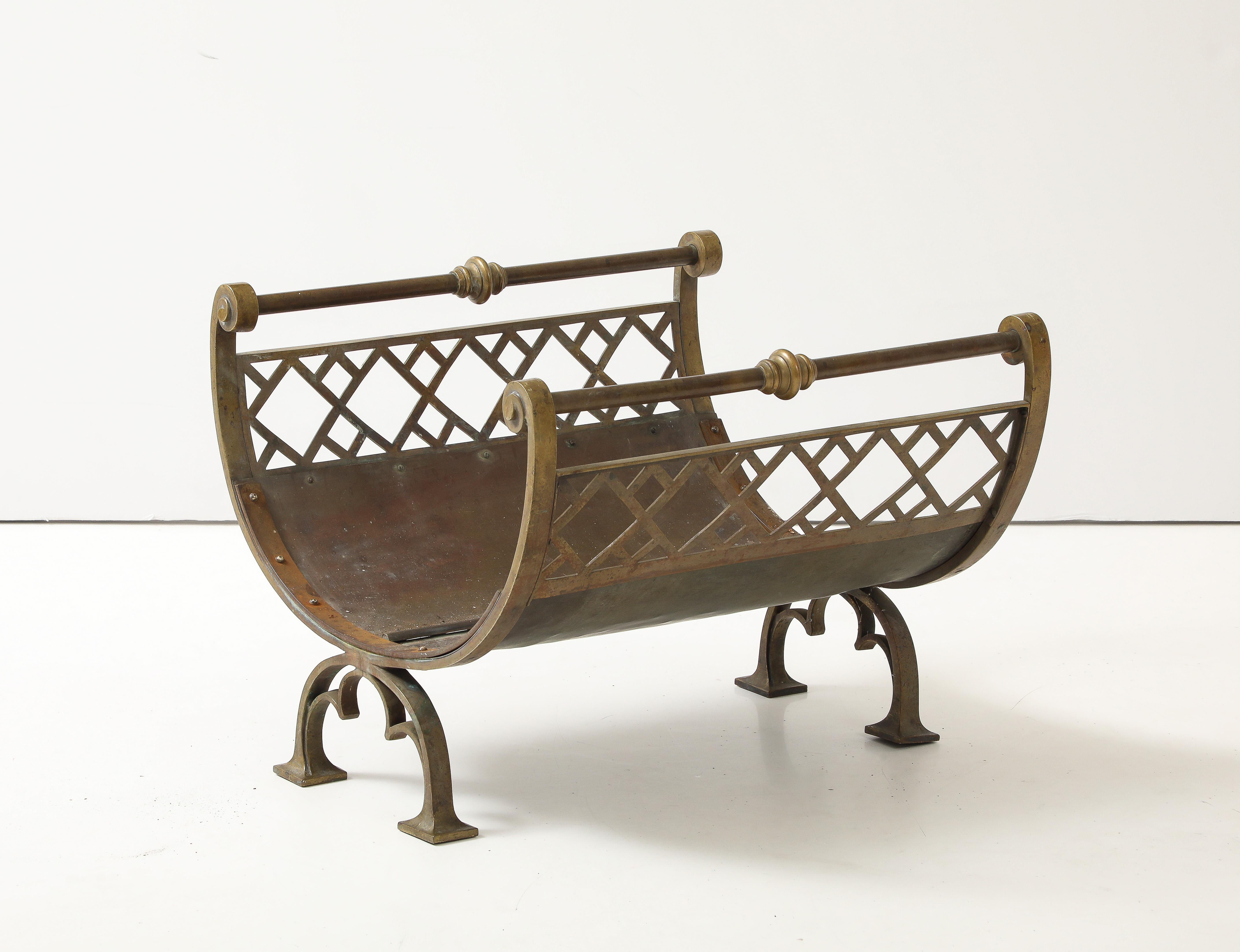 American 1960's Brass Lattice Lattice Fireplace Log Holder. For Sale