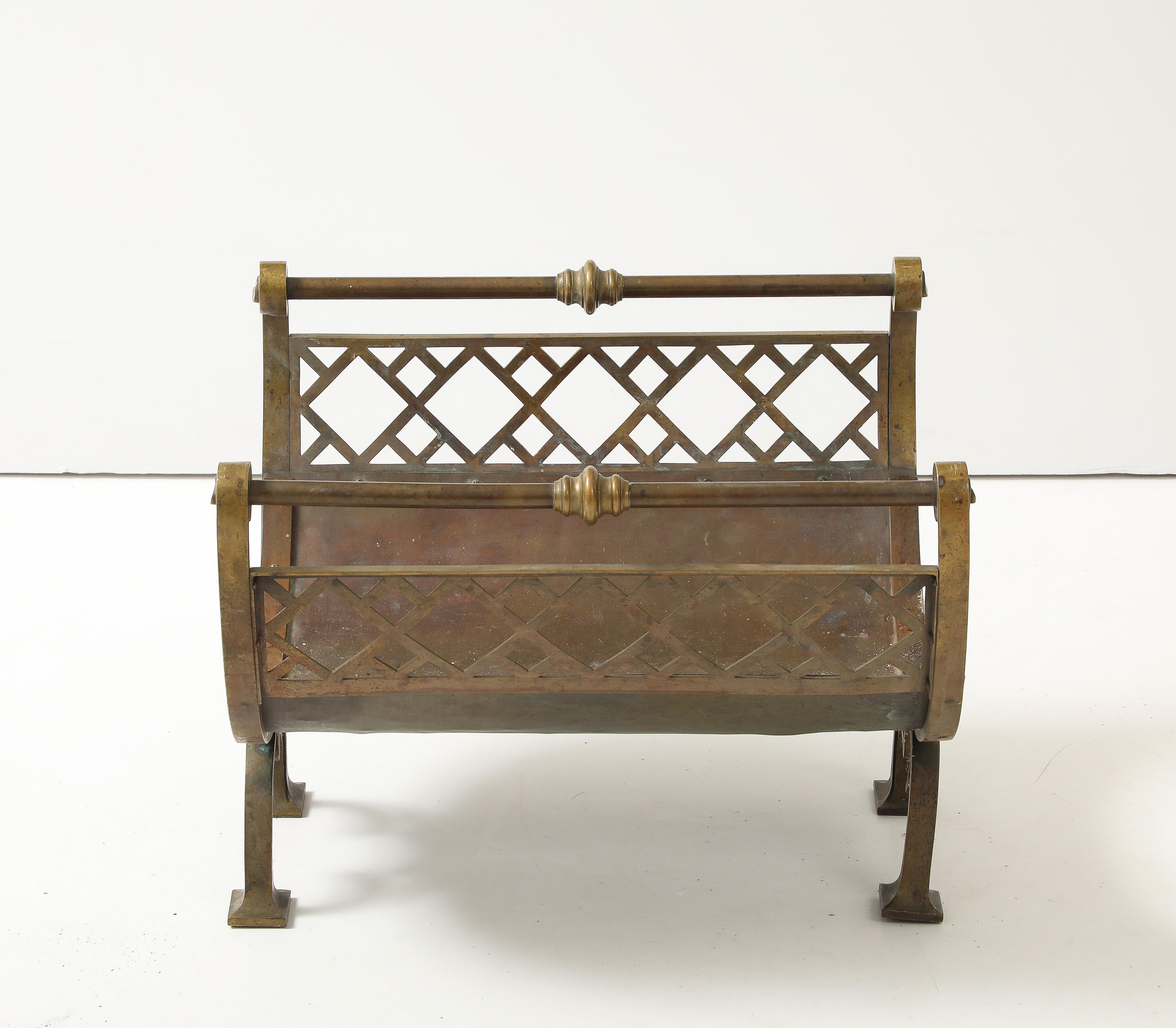 1960's Brass Lattice Lattice Fireplace Log Holder. In Good Condition For Sale In New York, NY