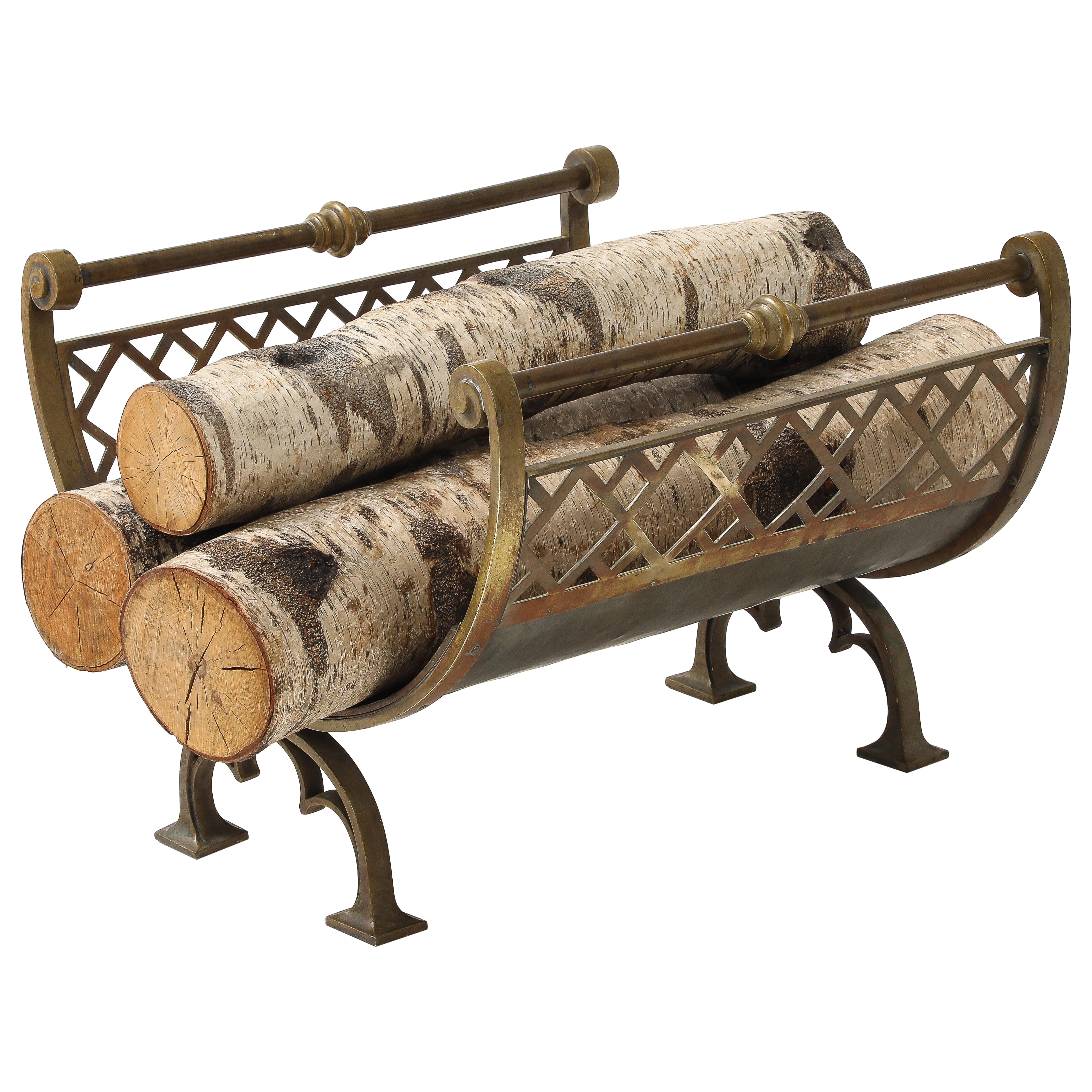 1960's Brass Lattice Lattice Fireplace Log Holder. For Sale