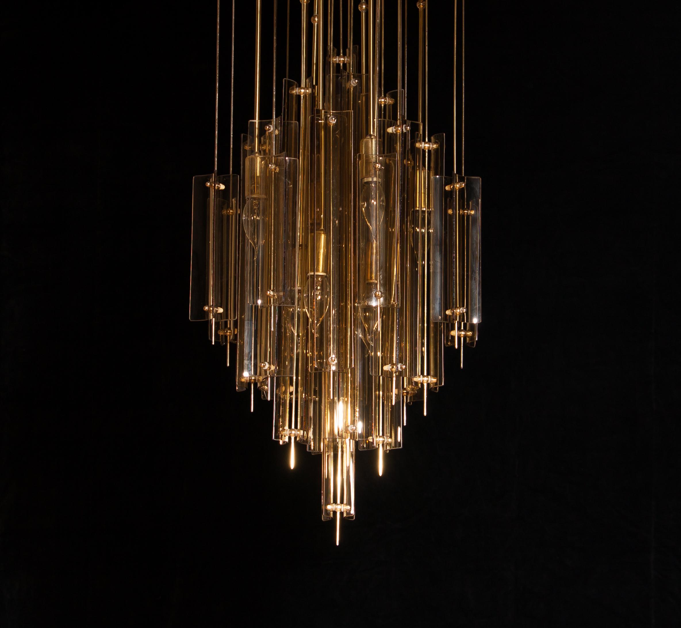 1960s, Brass, Metal and Fumé Glass Chandelier in the Manner of Verner Panton 5