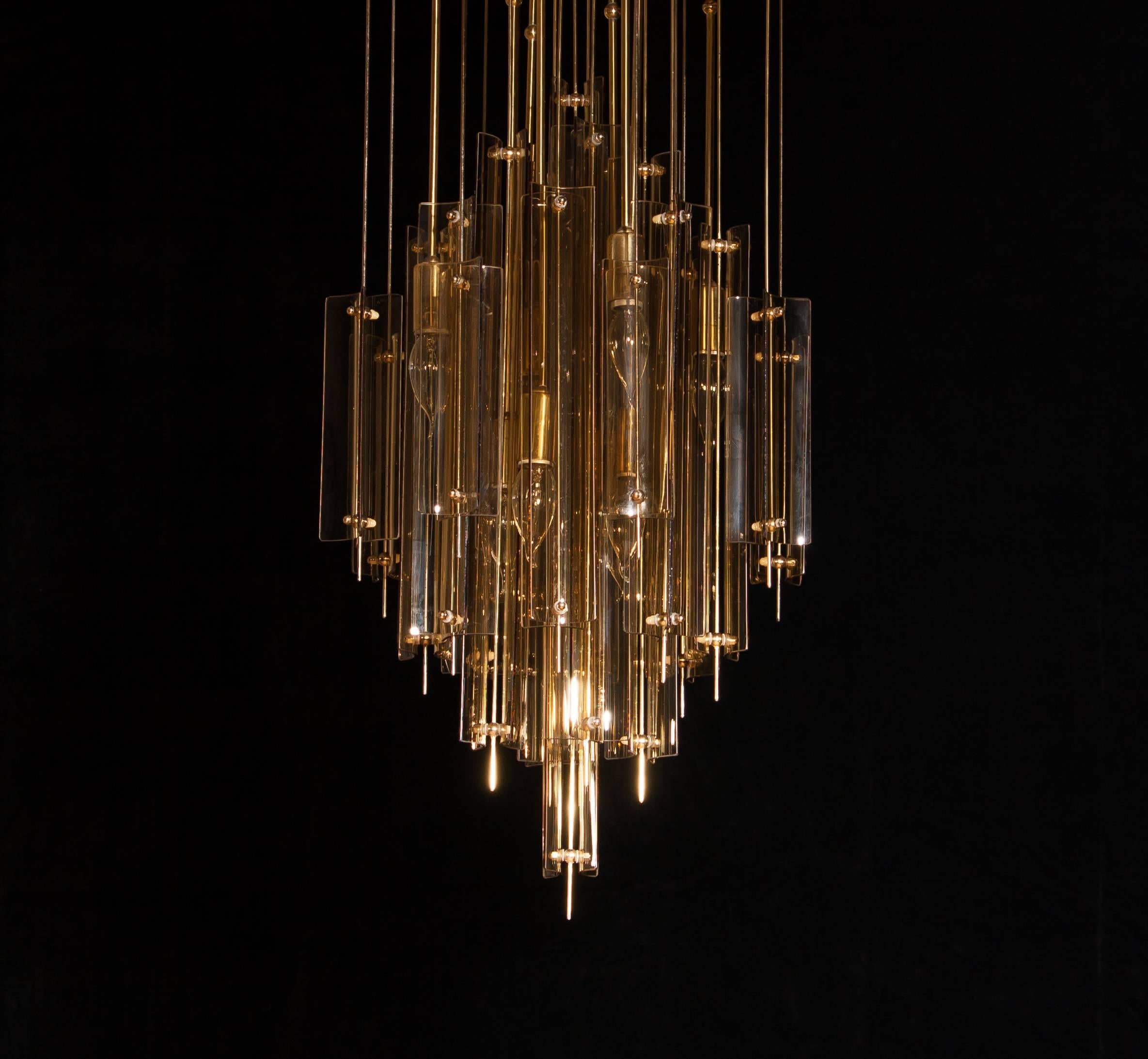 1960s Brass, Metal and Fumé Glass Chandelier in the Manner of Verner Panton 5