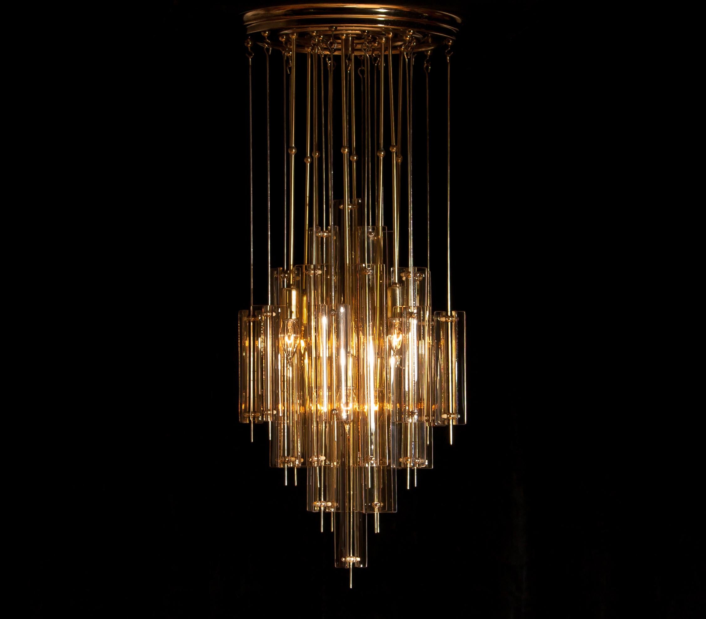 Danish 1960s, Brass, Metal and Fumé Glass Chandelier in the Manner of Verner Panton