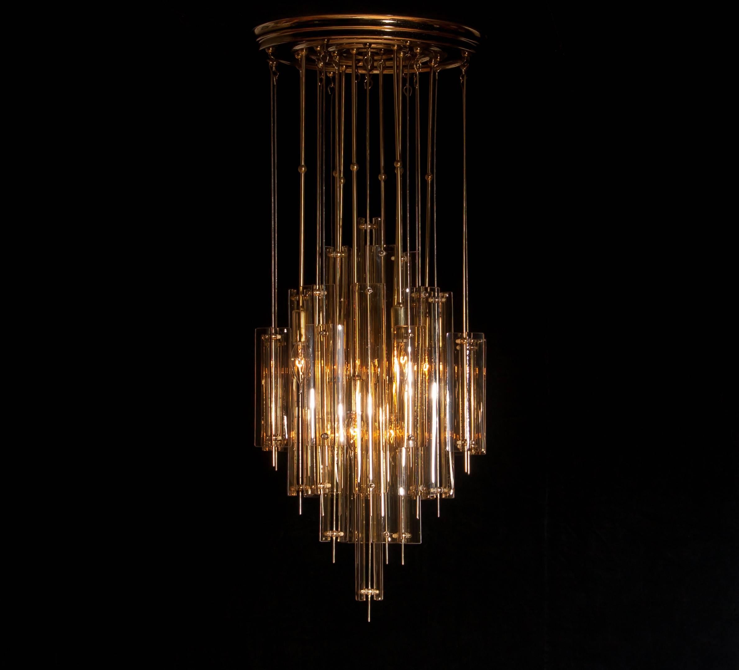 Danish 1960s Brass, Metal and Fumé Glass Chandelier in the Manner of Verner Panton