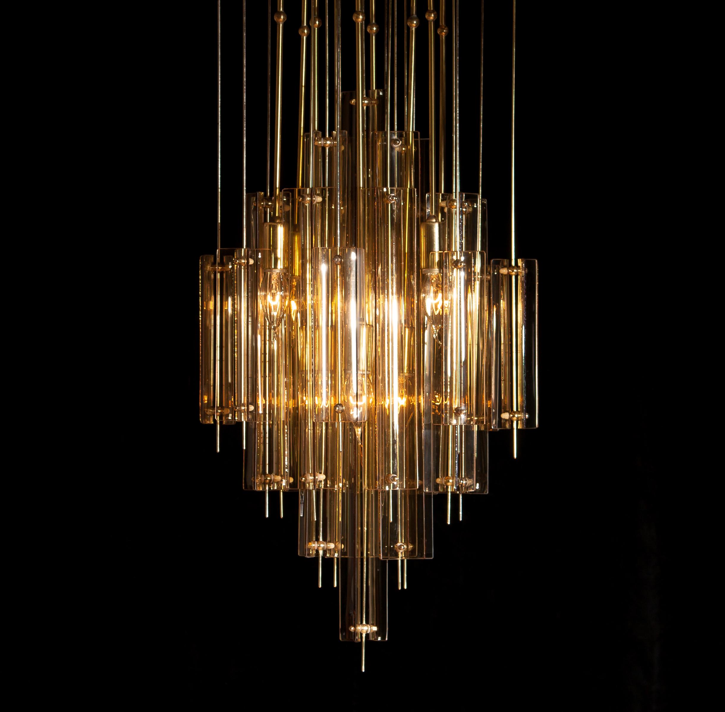 Lacquered 1960s, Brass, Metal and Fumé Glass Chandelier in the Manner of Verner Panton