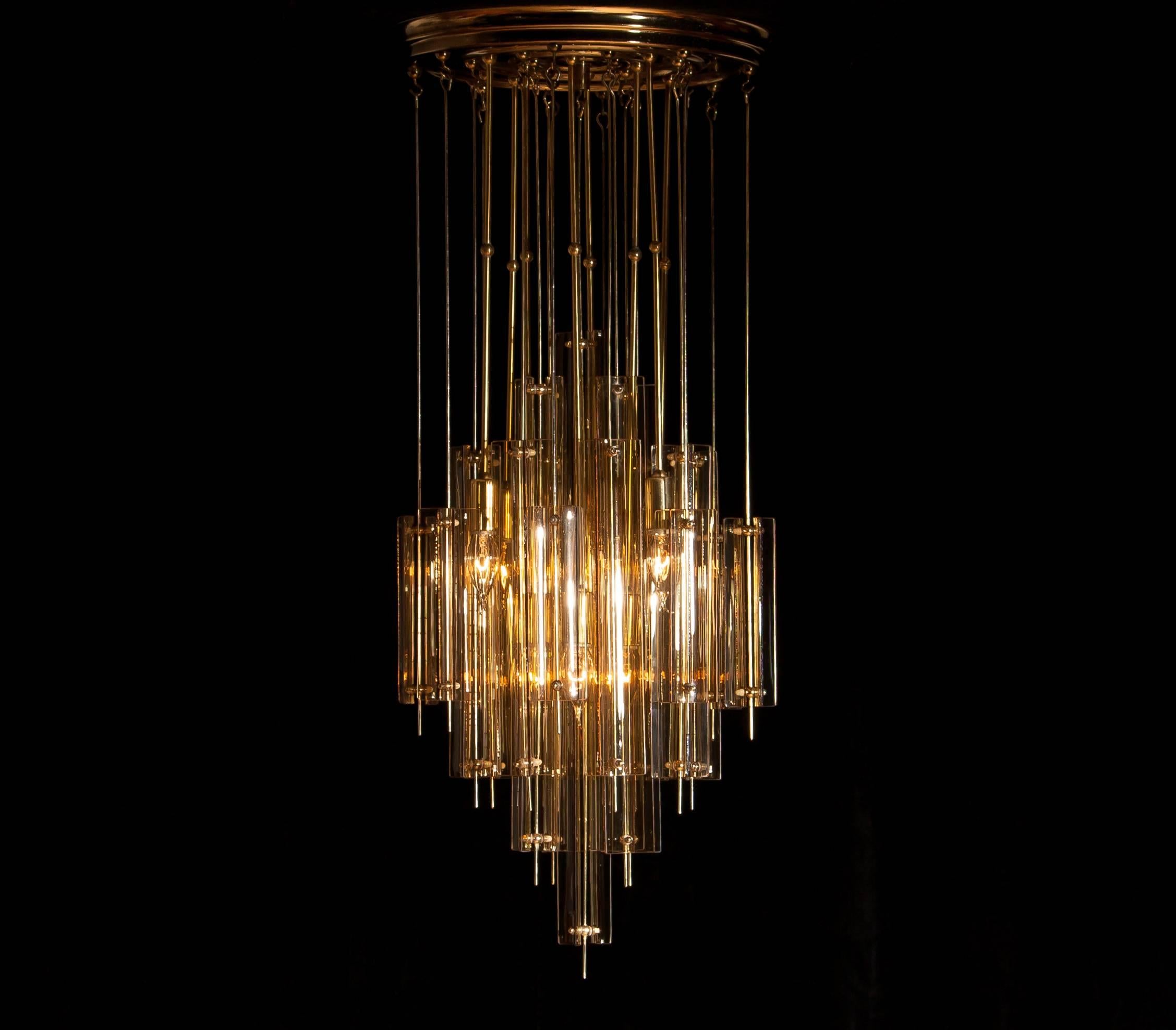 Lacquered 1960s Brass, Metal and Fumé Glass Chandelier in the Manner of Verner Panton