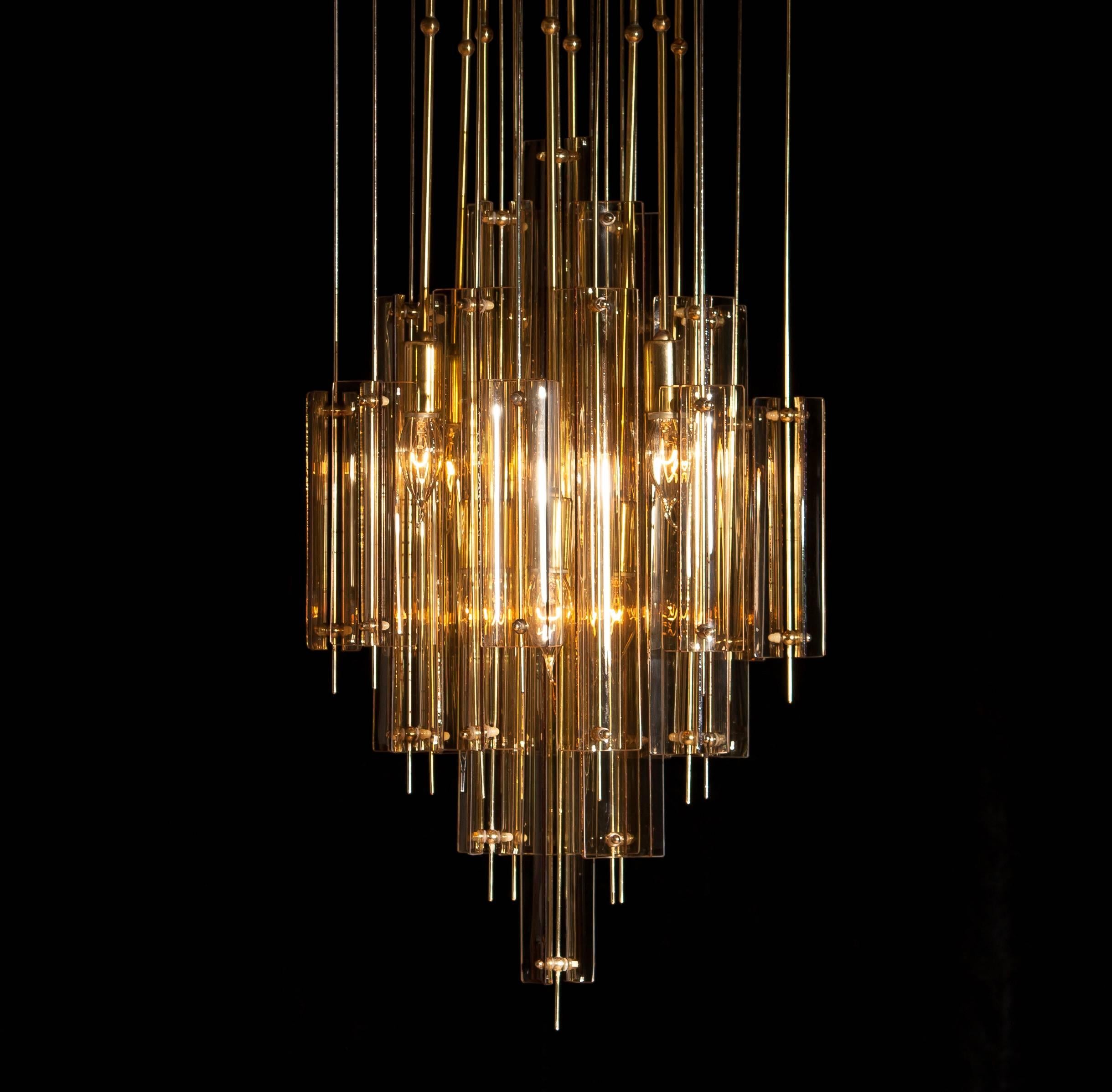 1960s Brass, Metal and Fumé Glass Chandelier in the Manner of Verner Panton In Good Condition In Silvolde, Gelderland