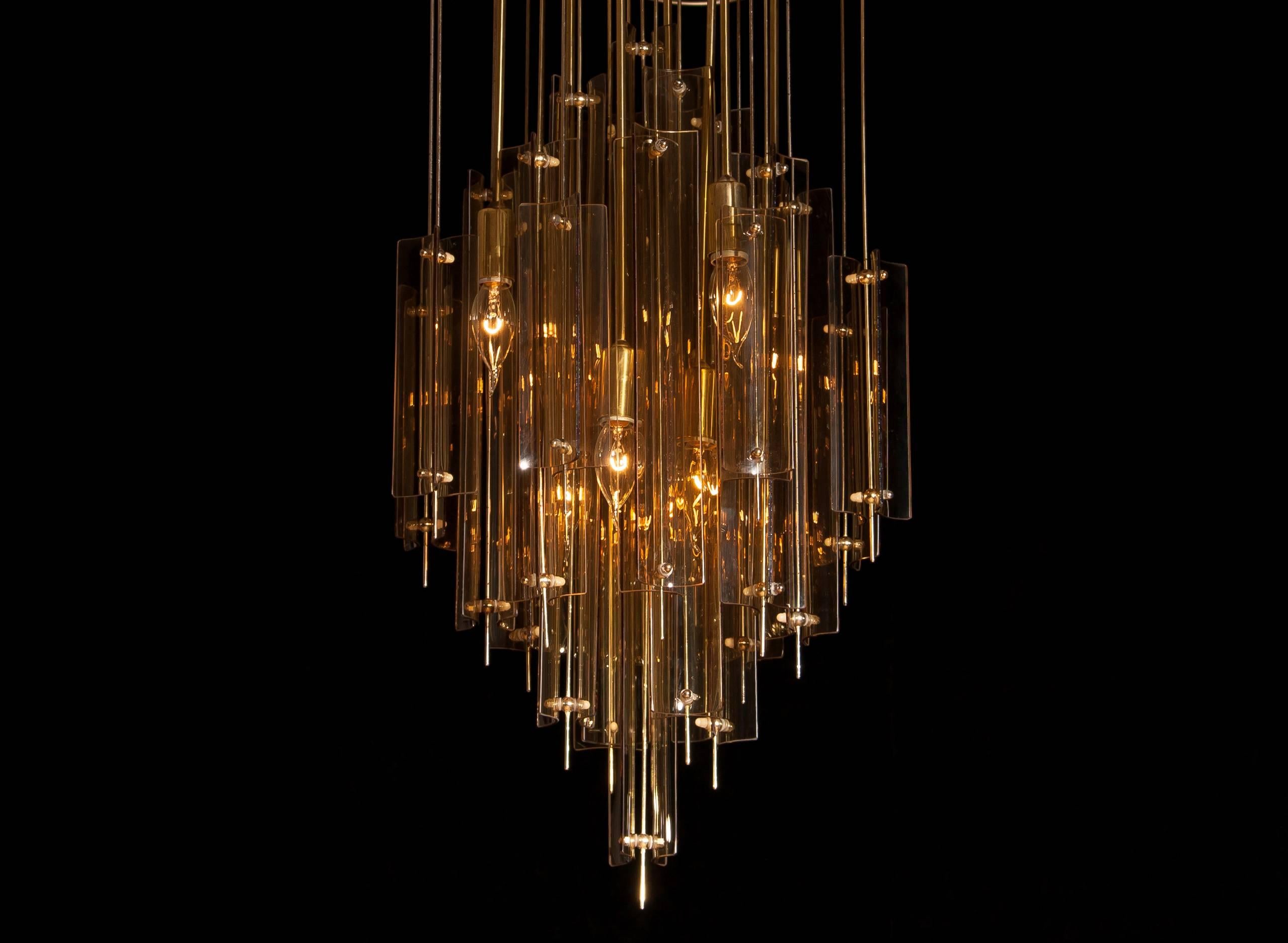 Mid-20th Century 1960s Brass, Metal and Fumé Glass Chandelier in the Manner of Verner Panton