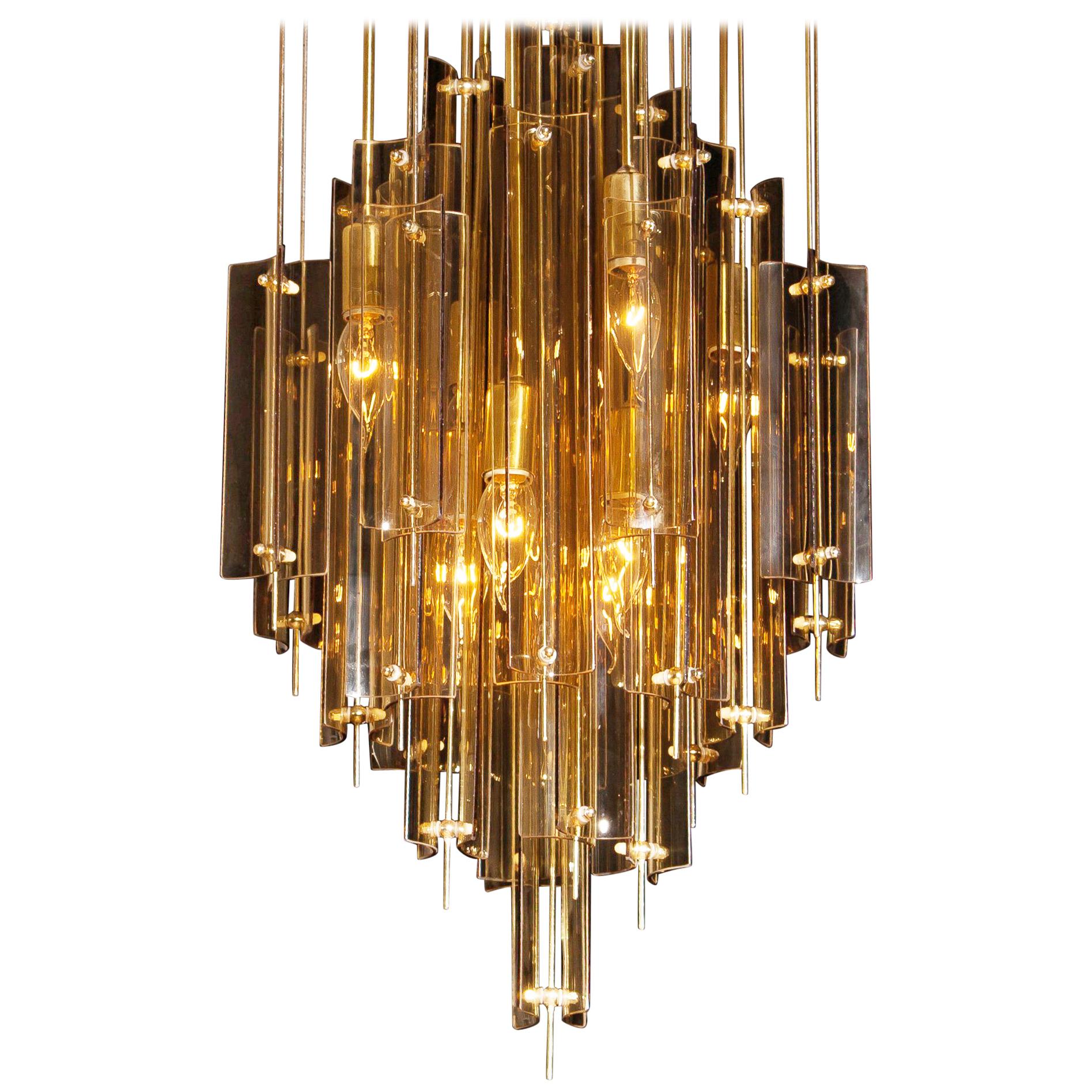 1960s, Brass, Metal and Fumé Glass Chandelier in the Manner of Verner Panton
