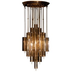 1960s Brass, Metal and Fumé Glass Chandelier in the Manner of Verner Panton