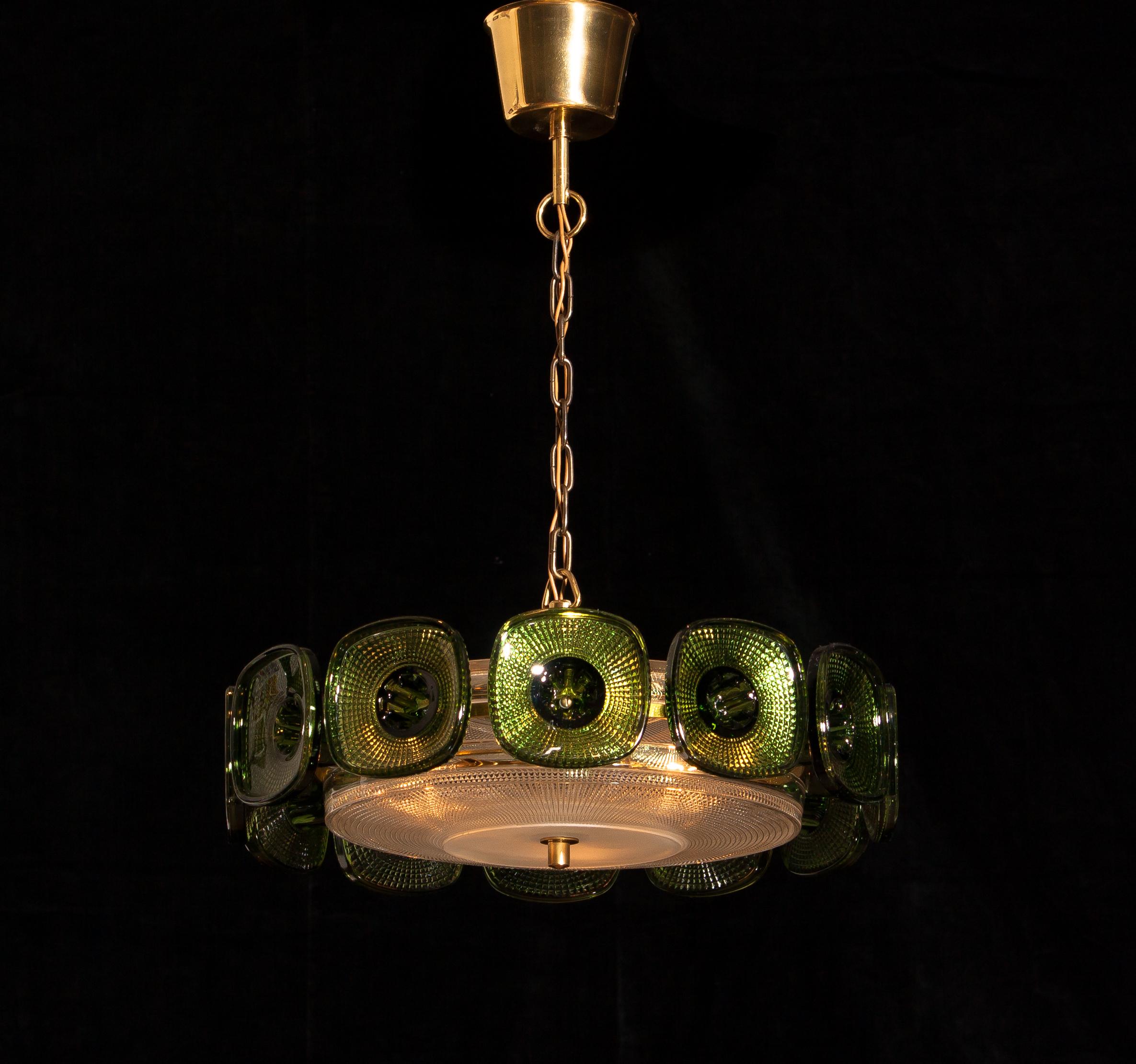 Mid-Century Modern 1960s, Brass Pendant in Clear and Green Crystal by Carl Fagerlund for Orrefors