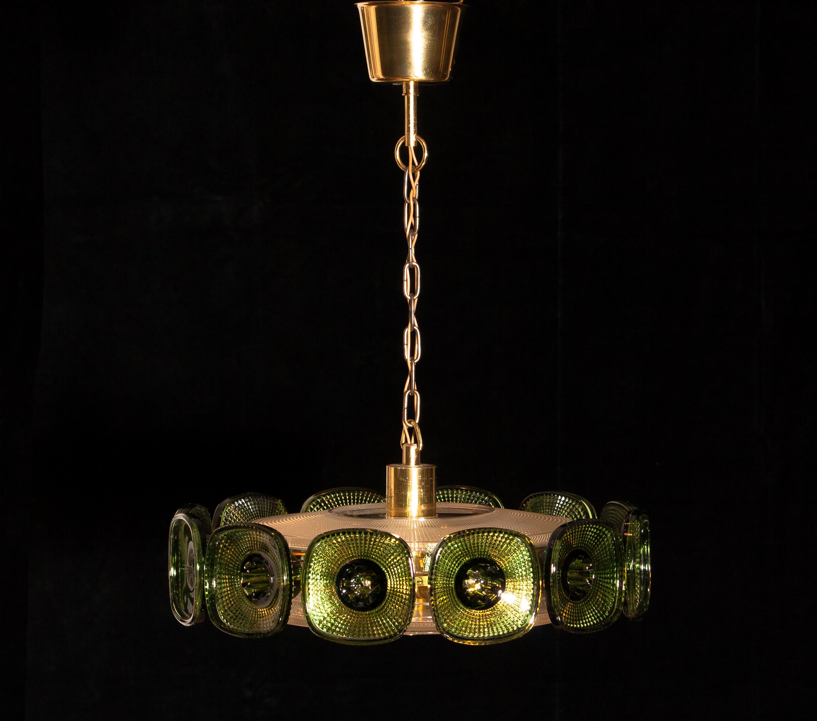 Swedish 1960s, Brass Pendant in Clear and Green Crystal by Carl Fagerlund for Orrefors