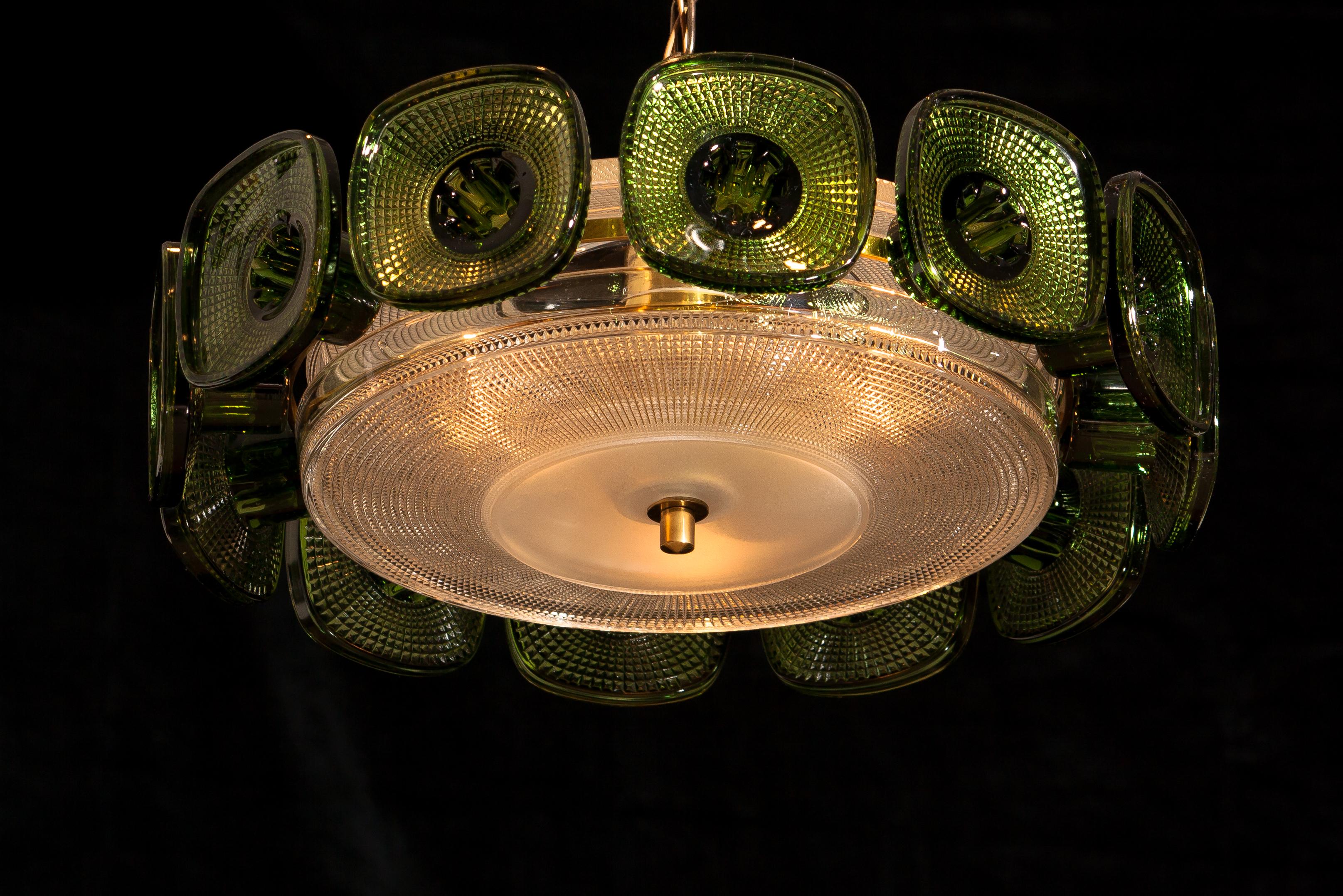 1960s, Brass Pendant in Clear and Green Crystal by Carl Fagerlund for Orrefors In Excellent Condition In Silvolde, Gelderland