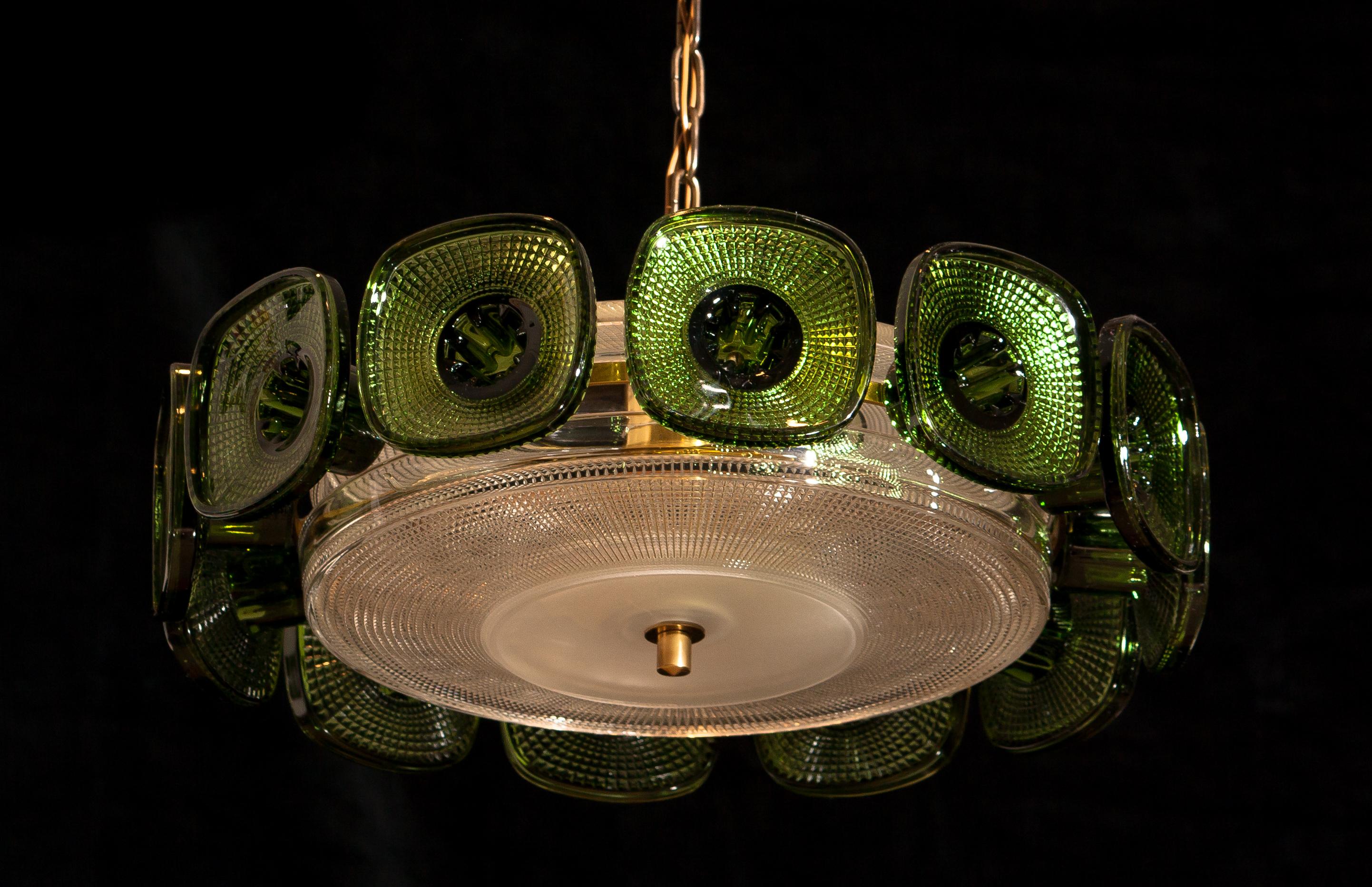 Mid-20th Century 1960s, Brass Pendant in Clear and Green Crystal by Carl Fagerlund for Orrefors