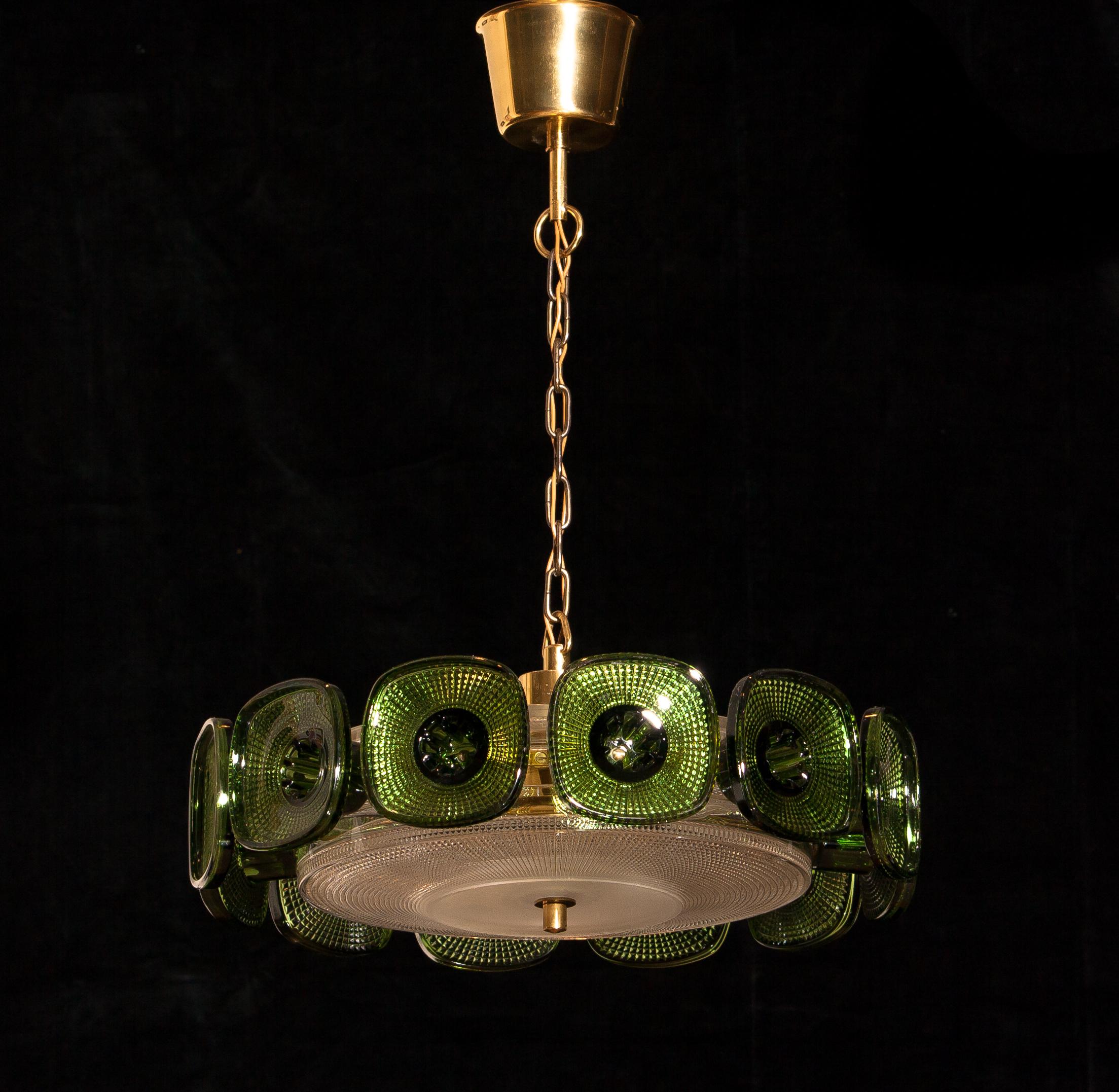 1960s, Brass Pendant in Clear and Green Crystal by Carl Fagerlund for Orrefors 1