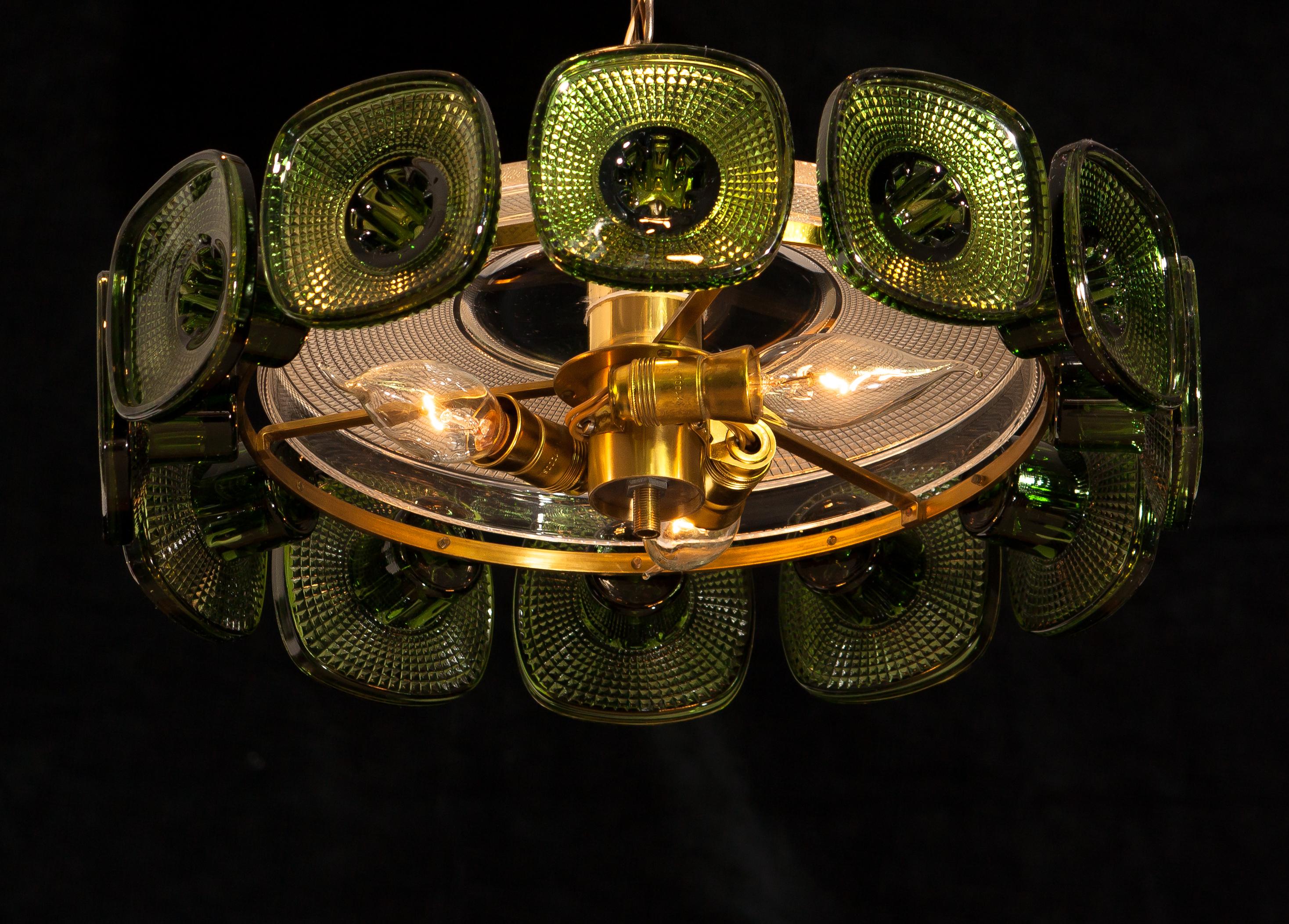 1960s, Brass Pendant in Clear and Green Crystal by Carl Fagerlund for Orrefors 3