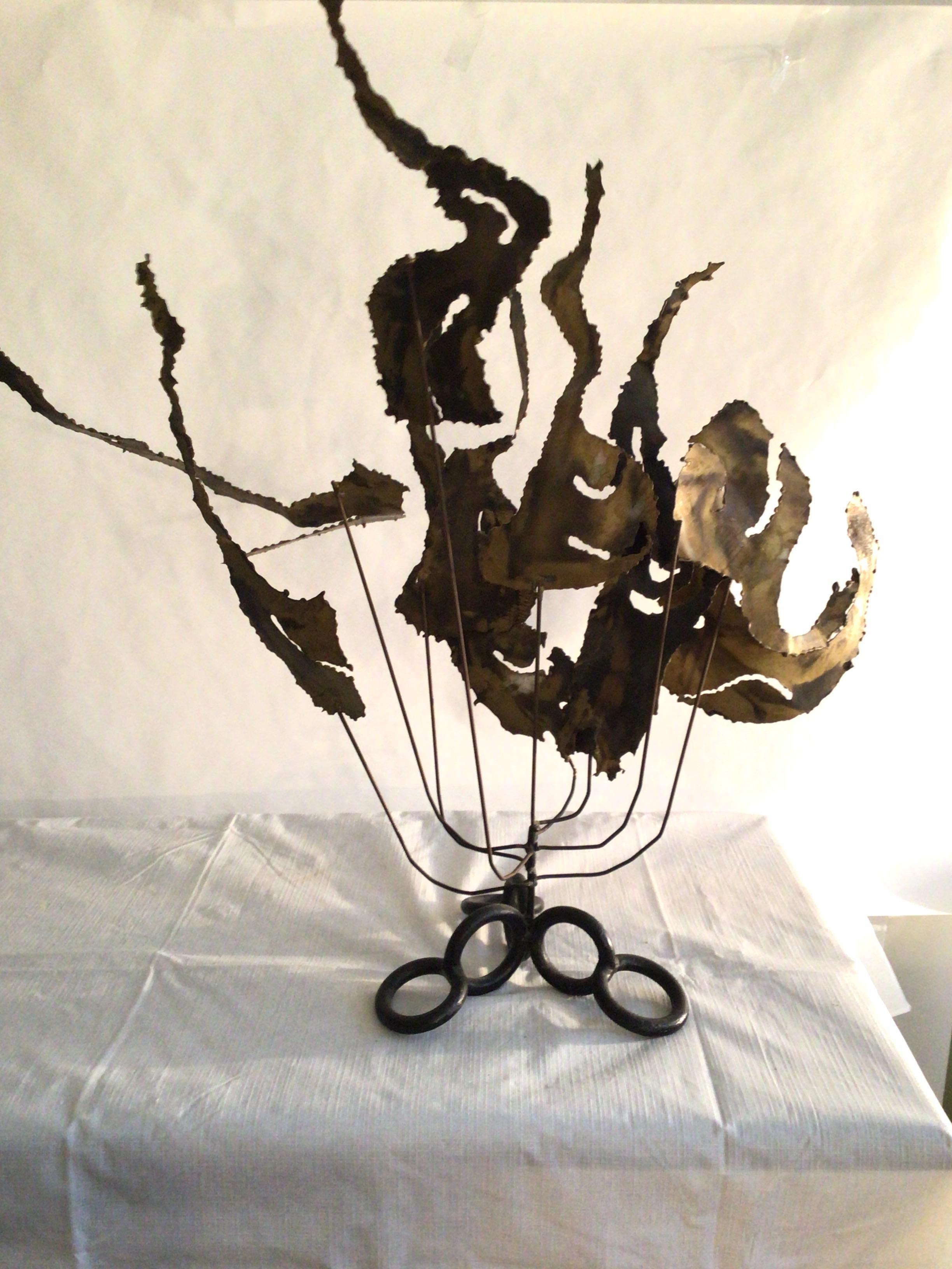Brutalist 1960s Brass Sculpture on Chain Link Iron Base For Sale