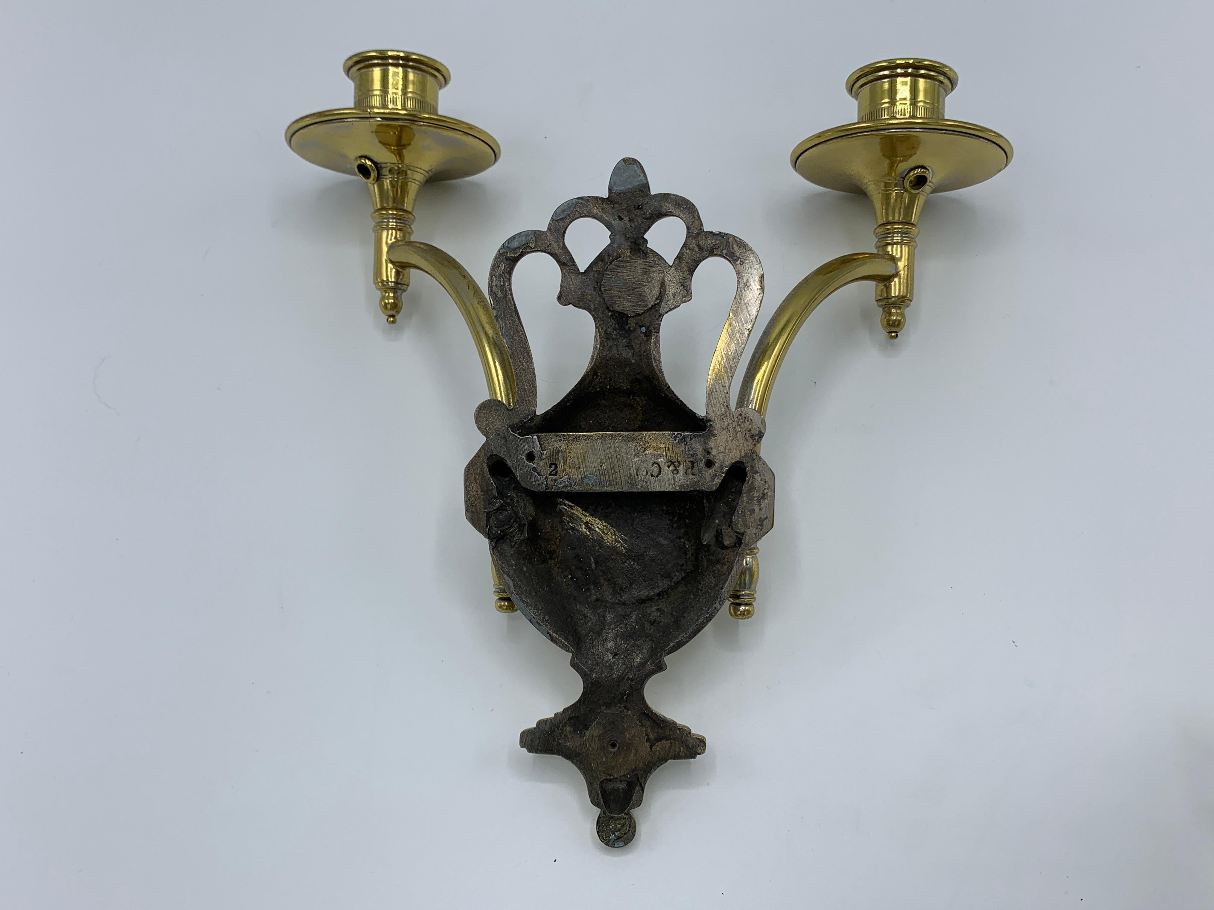 1960s Brass Shield Candlestick Wall Sconces, Pair 6
