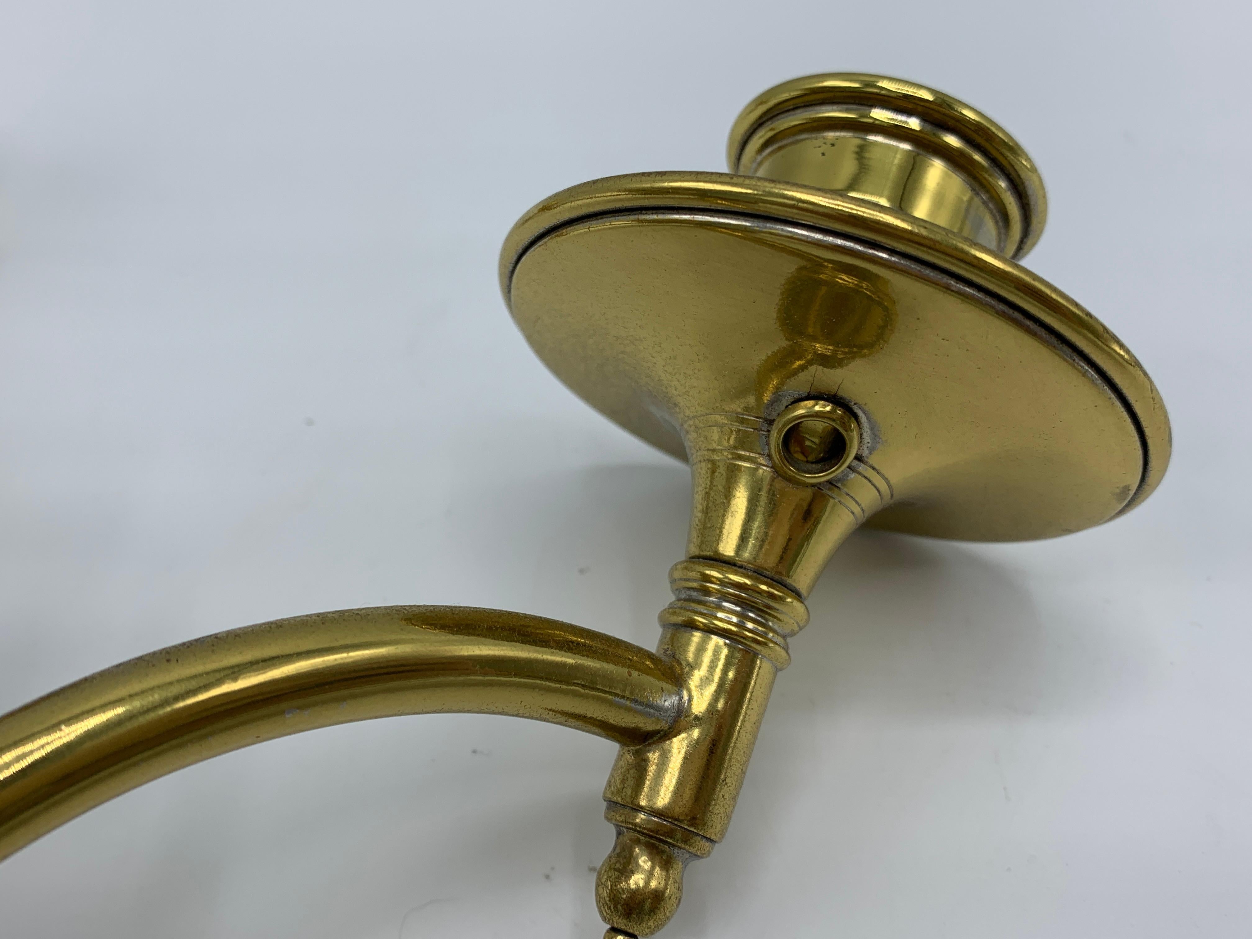 1960s Brass Shield Candlestick Wall Sconces, Pair 7