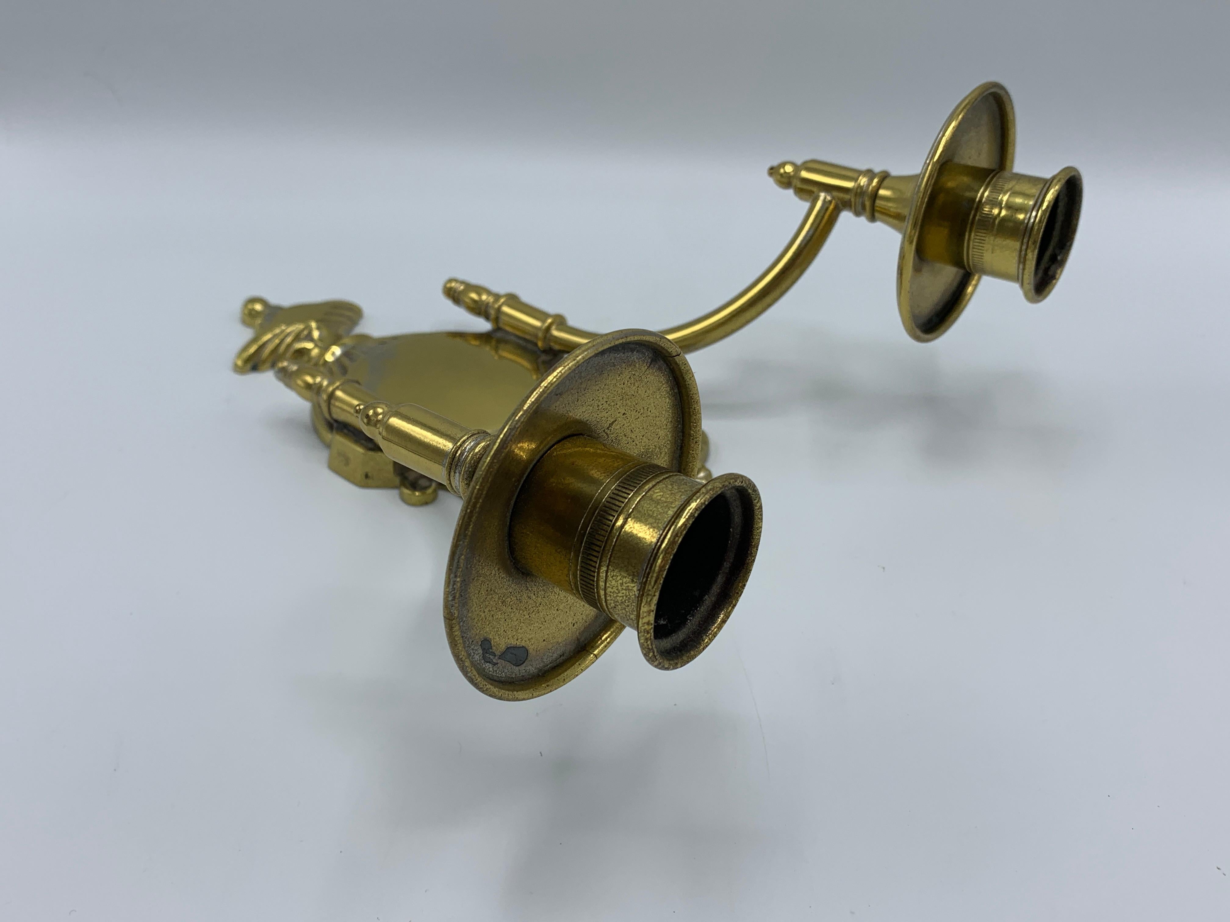 1960s Brass Shield Candlestick Wall Sconces, Pair 3