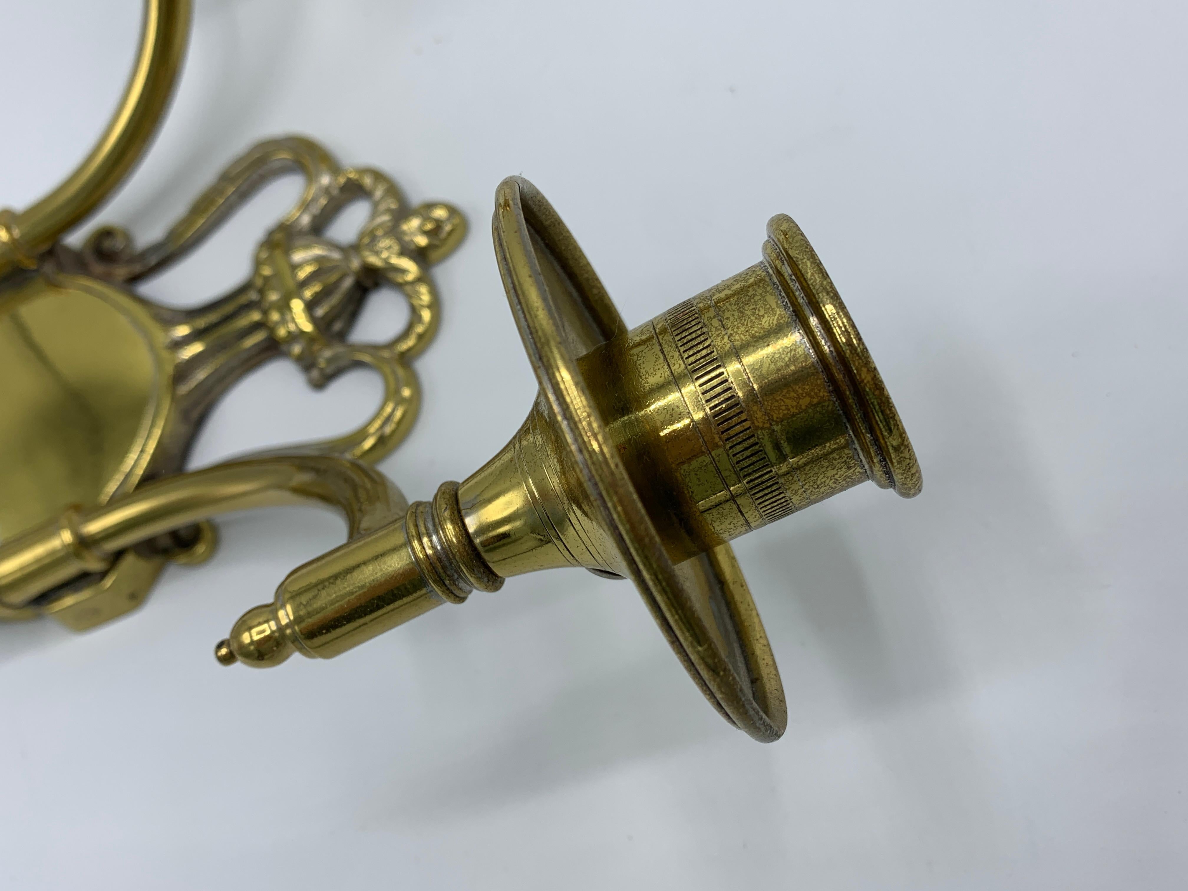 1960s Brass Shield Candlestick Wall Sconces, Pair 4