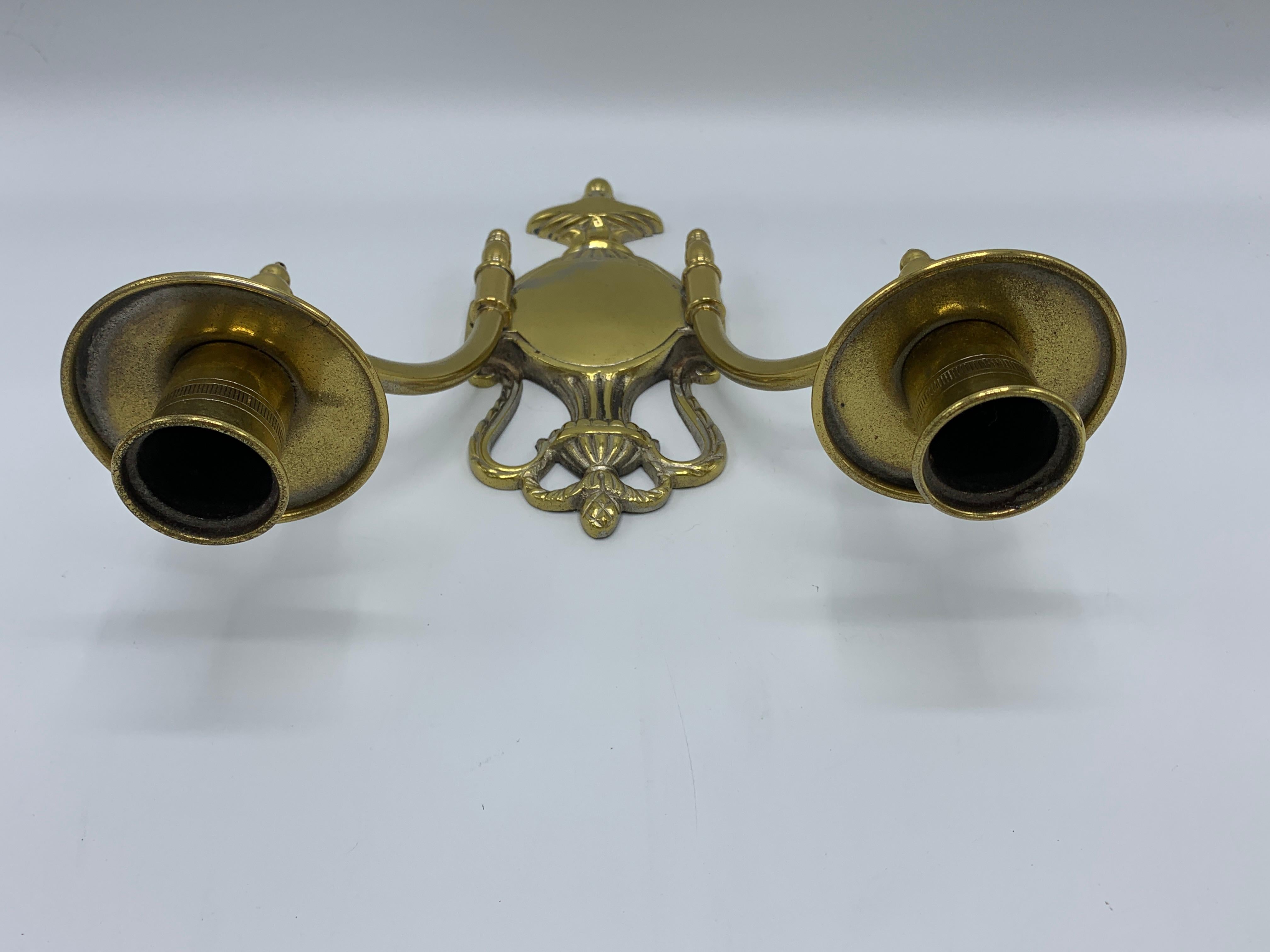 1960s Brass Shield Candlestick Wall Sconces, Pair 5