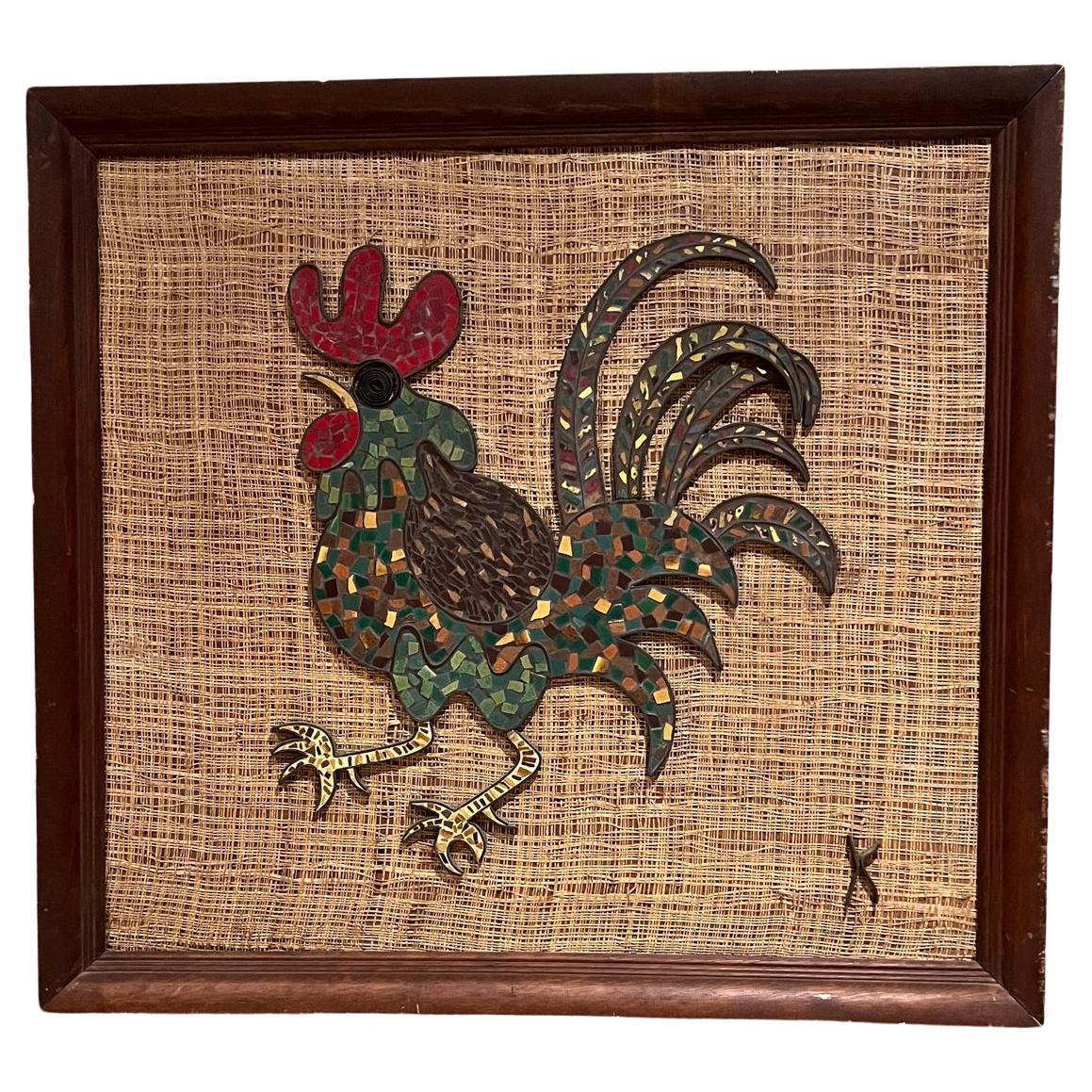 Arte mural del gallo de latón de los años 60 Técnica mixta Firmado K