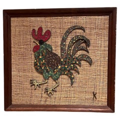 Arte da parete del Gallo piastrellato in ottone del 1960, tecnica mista firmata K.K.